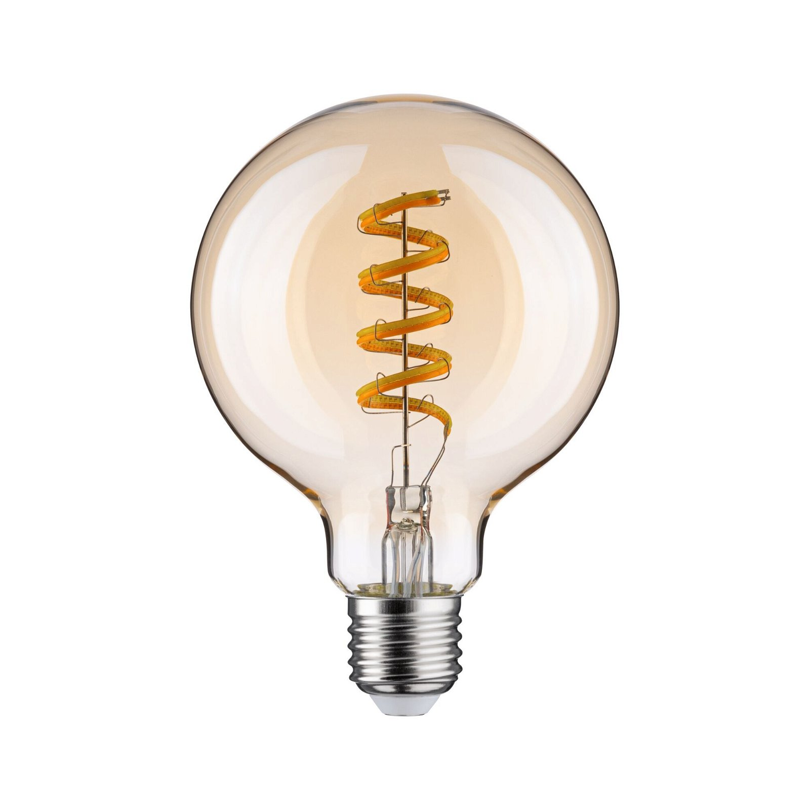 Okrągła, przezroczysta żarówka ze złotym spiralnym żarnikiem na białym tle.