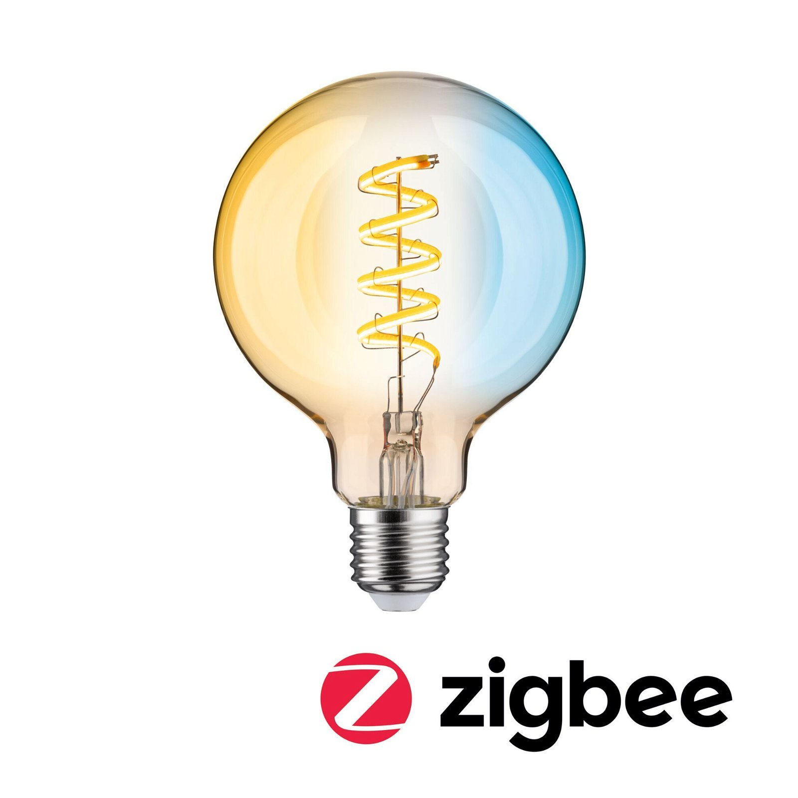 Eine große, kugelförmige Glühbirne mit Wendel, auf weißem Grund mit dem Zigbee-Logo.