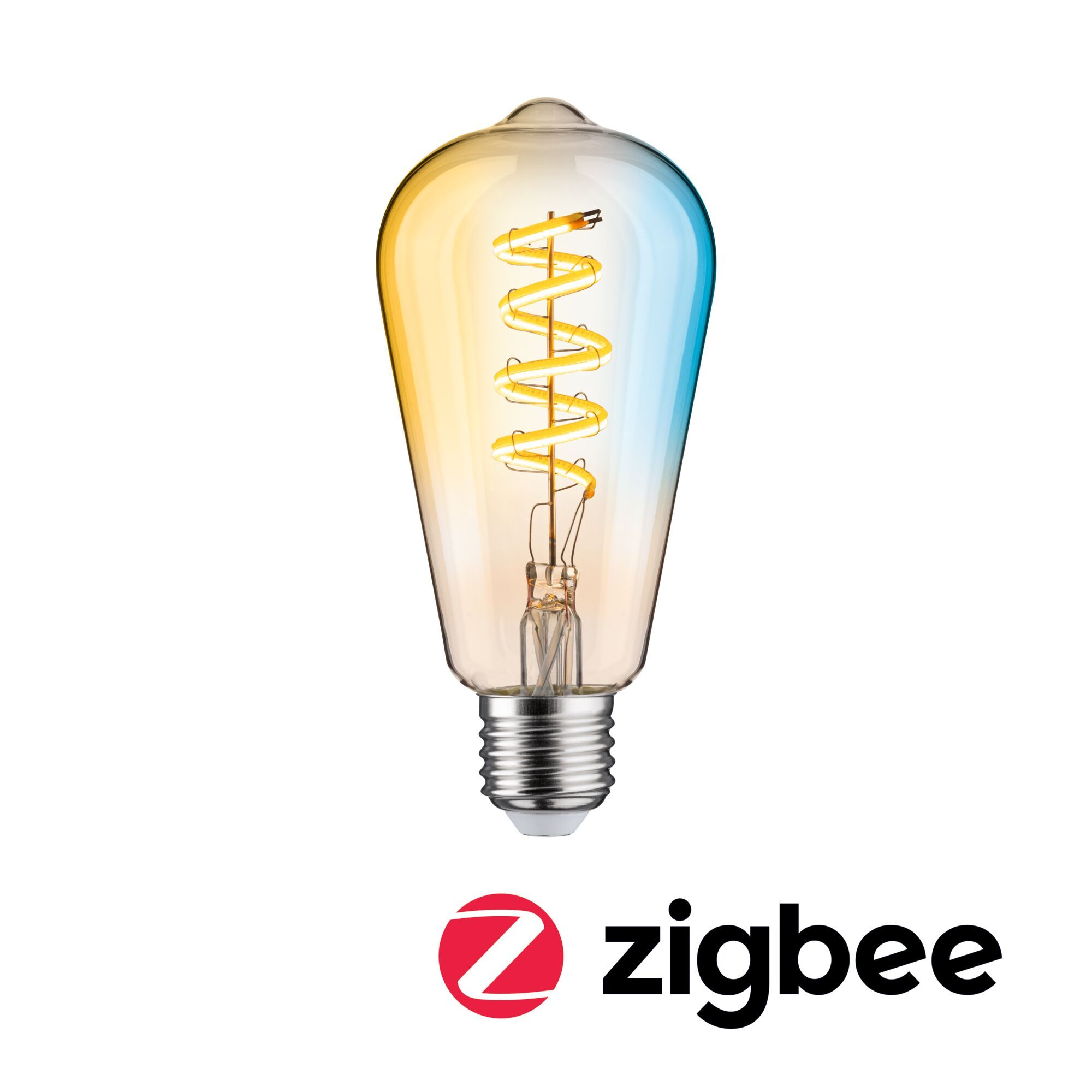 Birnenförmige Glühbirne mit Wendel, blau-gelb Farbverlauf. Darunter Zigbee Logo.