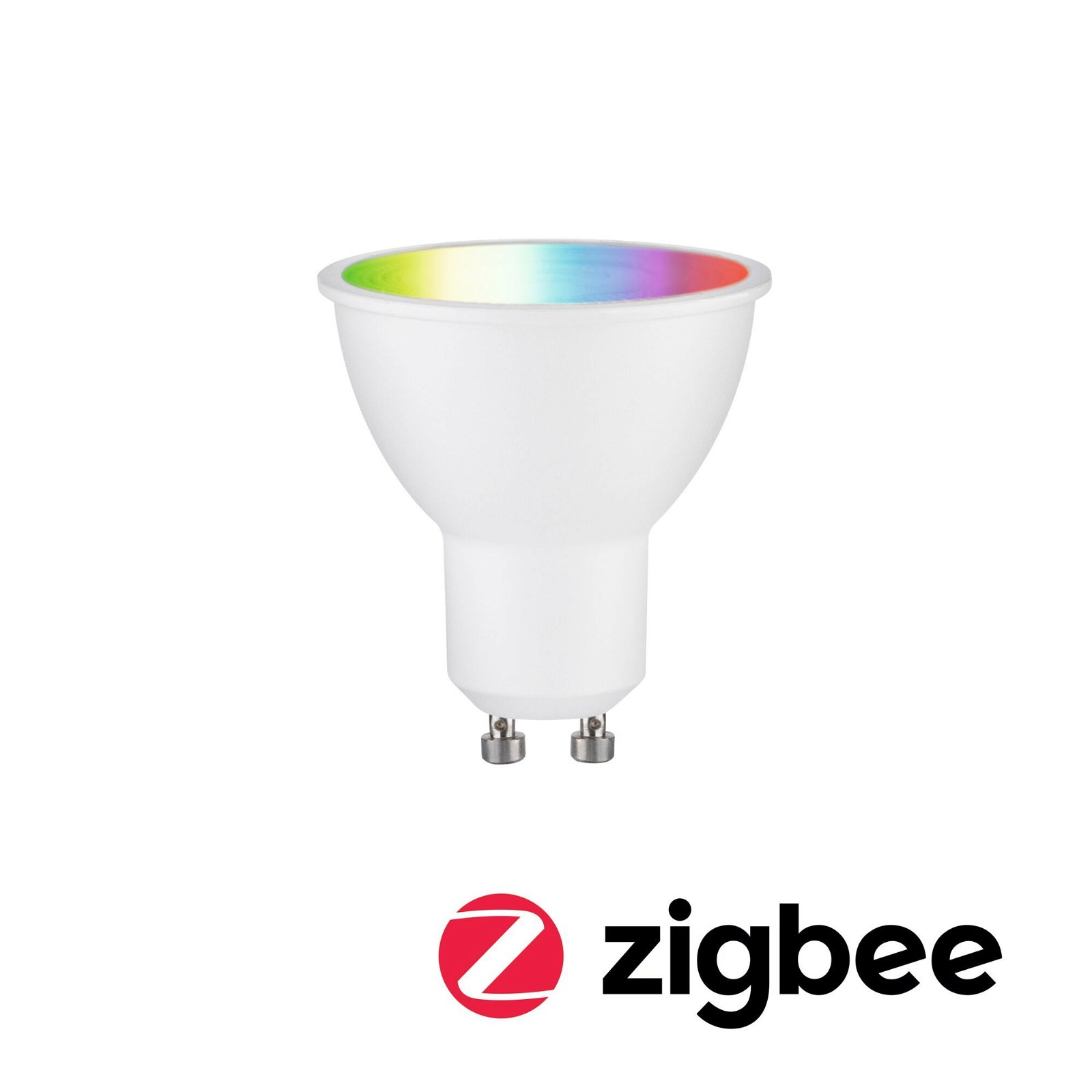 Weiße intelligente Glühbirne mit Farbspektrum oben, Zigbee-Logo unten.