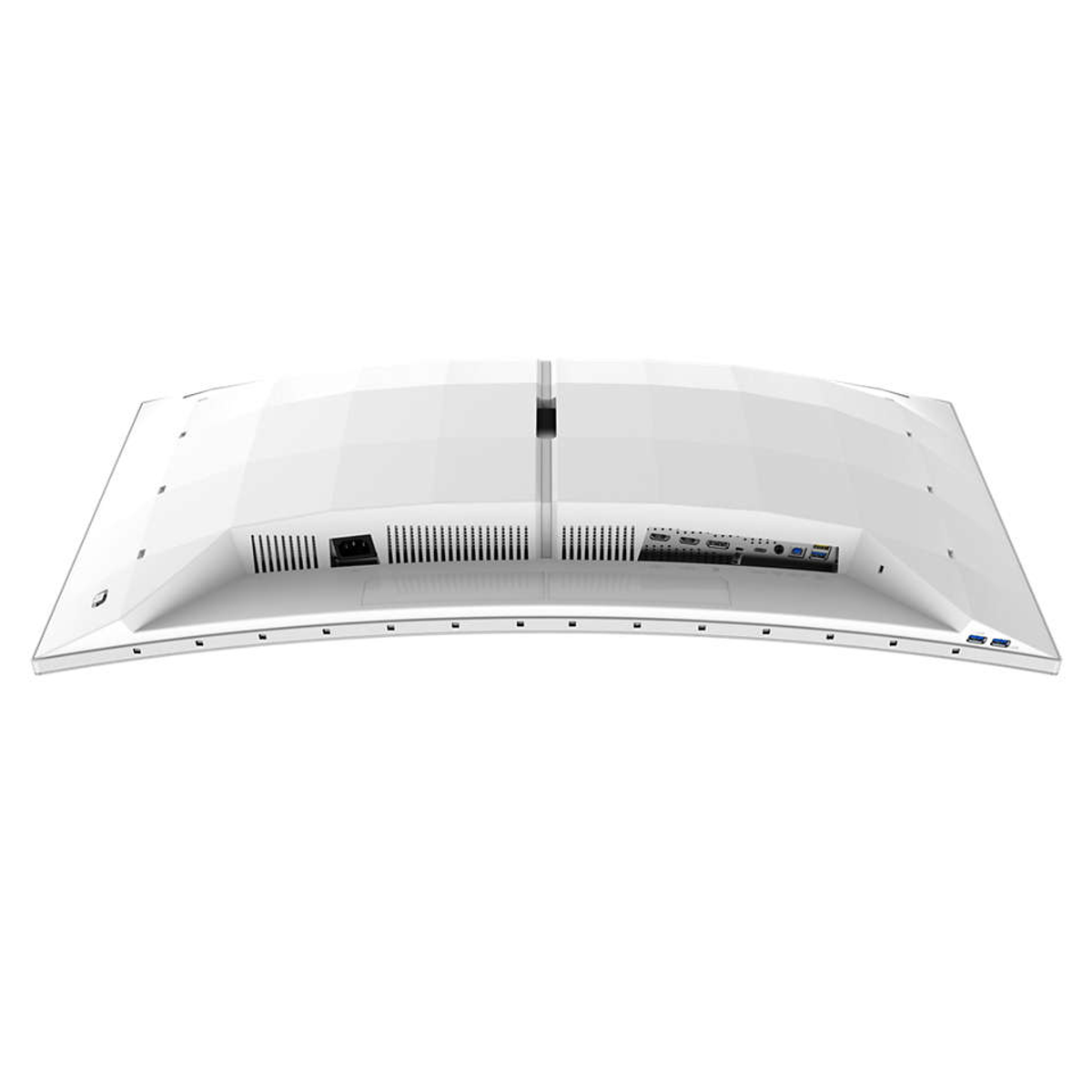 Biały zakrzywiony monitor, widok z tyłu, z portami i połączeniami na dole. Widoczny jest również czarny stojak.