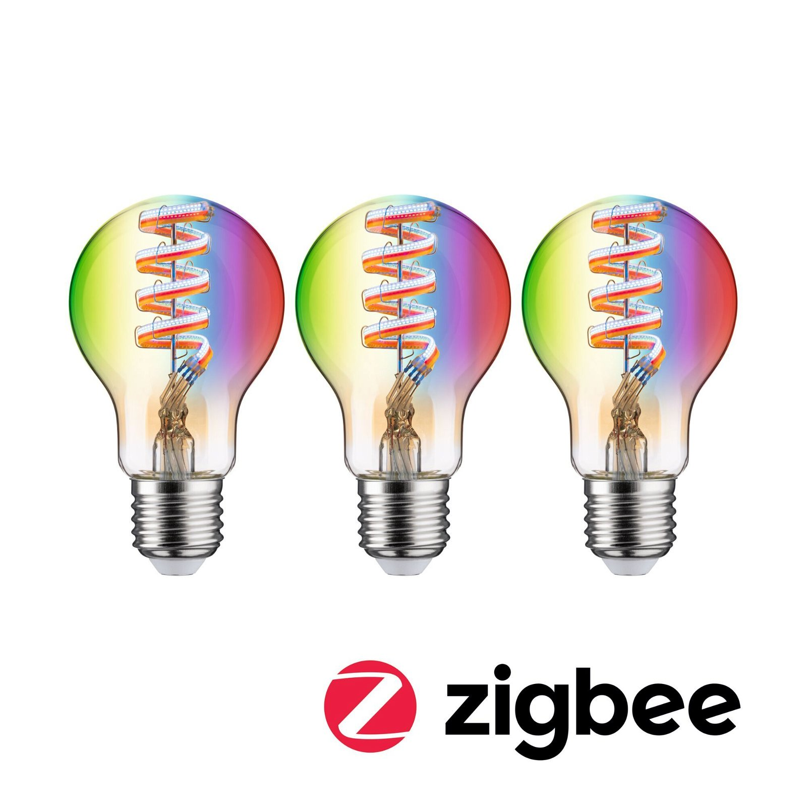 Drei Glühbirnen mit farbigen Wendelfäden und das Zigbee-Logo.
