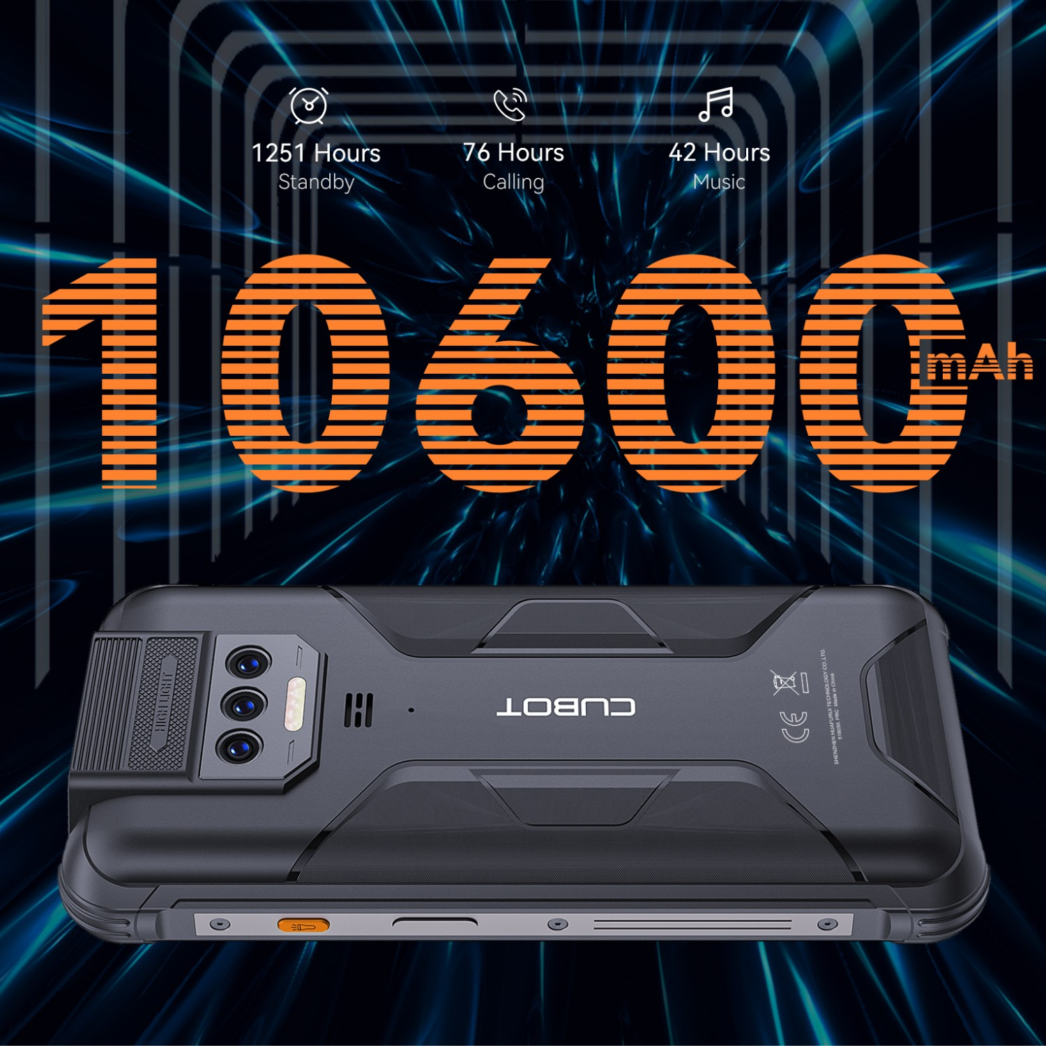 Czarny smartfon z informacjami o baterii i efektem niebieskiego światła.