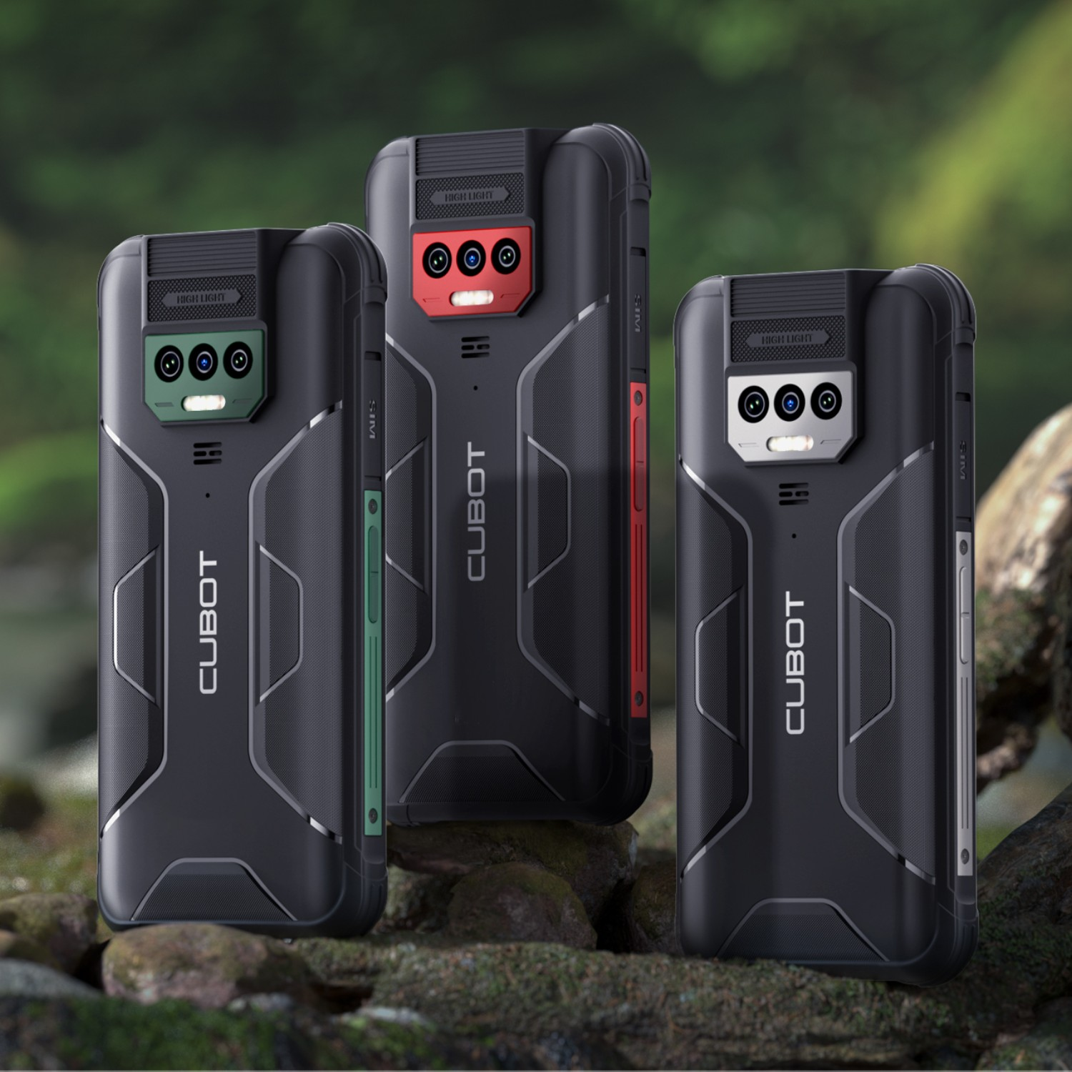 Trzy czarne, wytrzymałe smartfony z różnokolorowymi modułami aparatu.