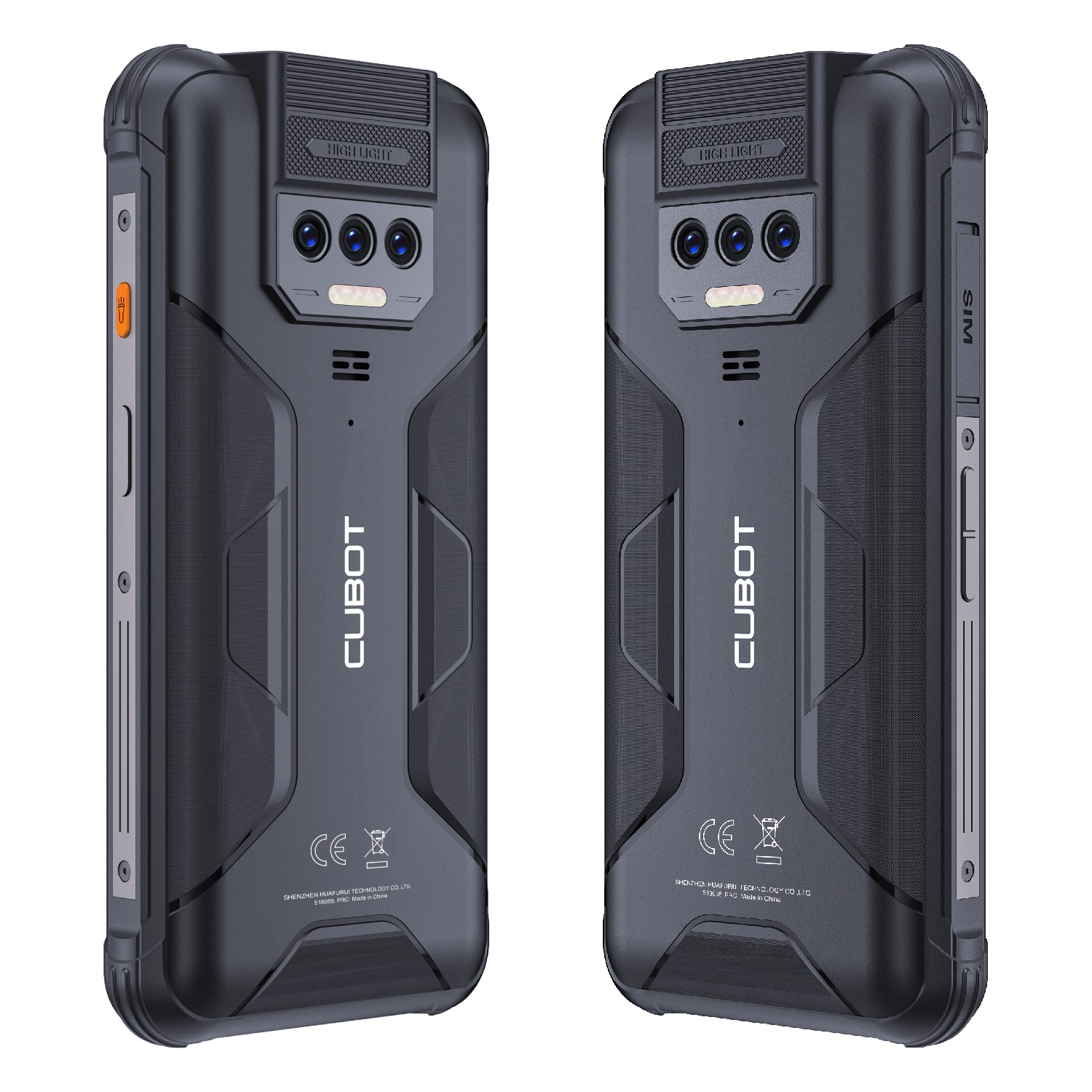 Dwa czarne smartfony Cubot. Każdy ma potrójny aparat i wytrzymałą konstrukcję.