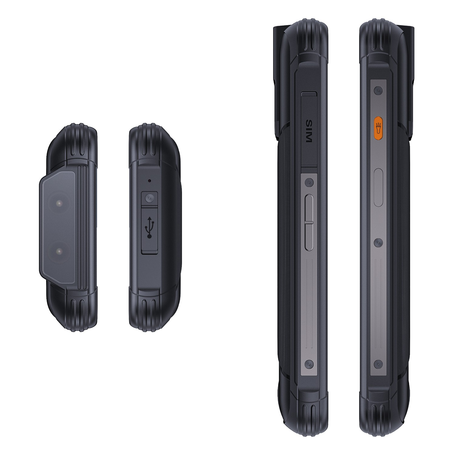 Różne widoki wytrzymałego czarnego smartfona. Pokazuje boki i aparat.