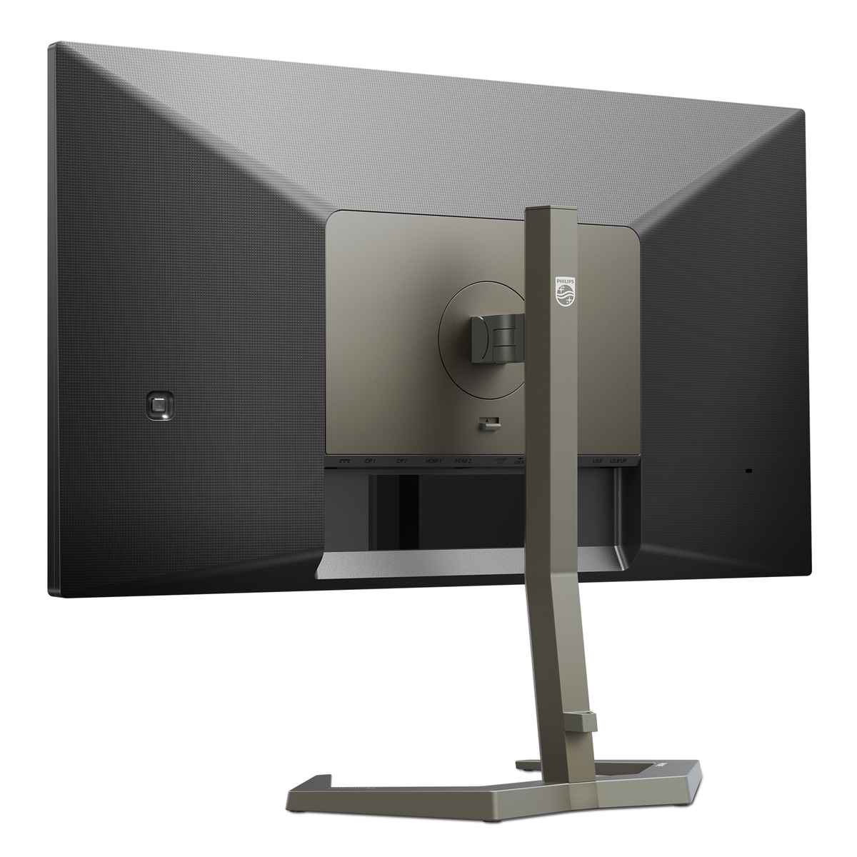 Vista posteriore di un monitor con supporto. Schema di colori nero e grigio.