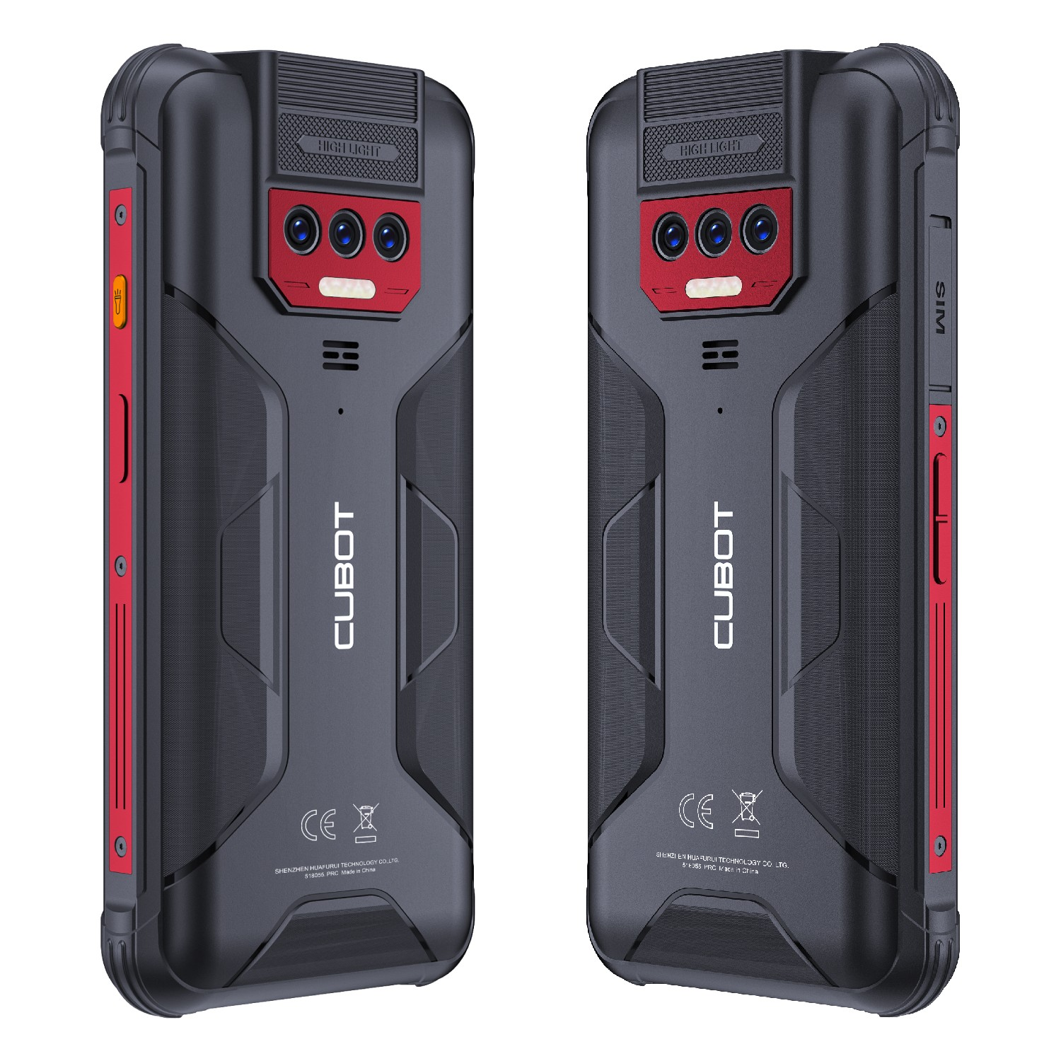 Czarny i czerwony wytrzymały smartfon, pokazujący tył z kamerami i przód.