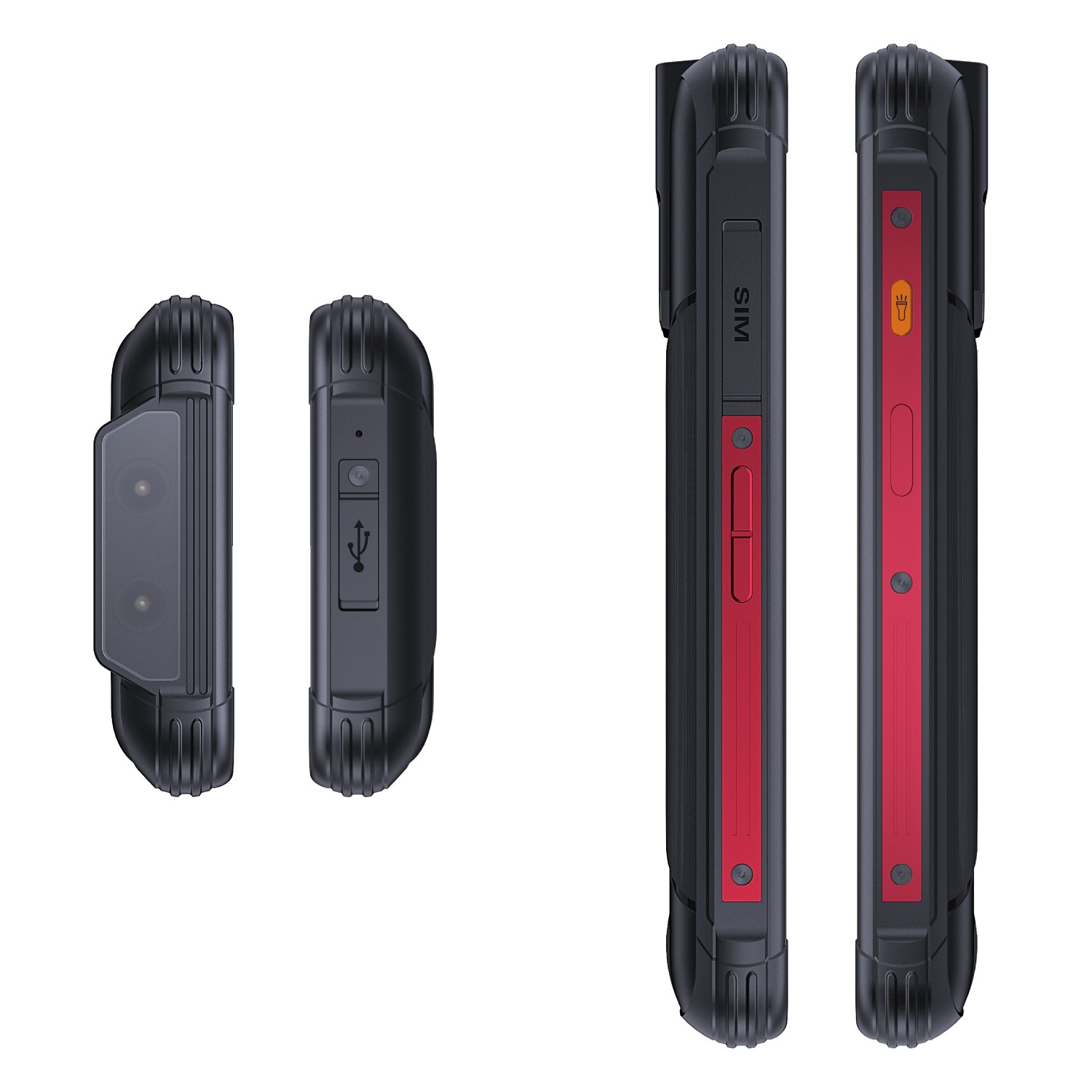 Kolekcja czarnych prostokątnych smartfonów z czerwonymi akcentami po bokach, różne widoki.