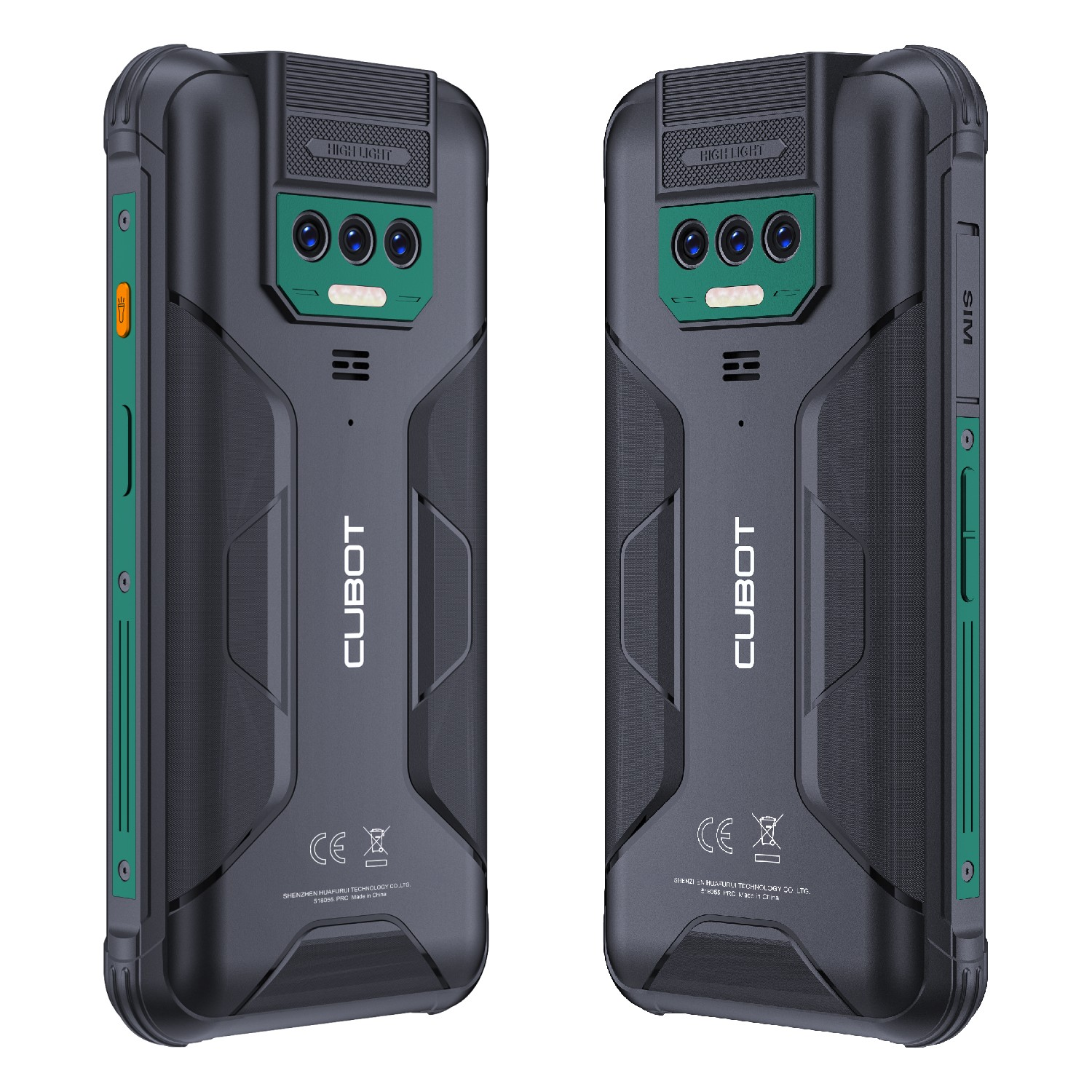 Dwa telefony CUBOT. Czarno-zielony design, z aparatem i nazwą marki.