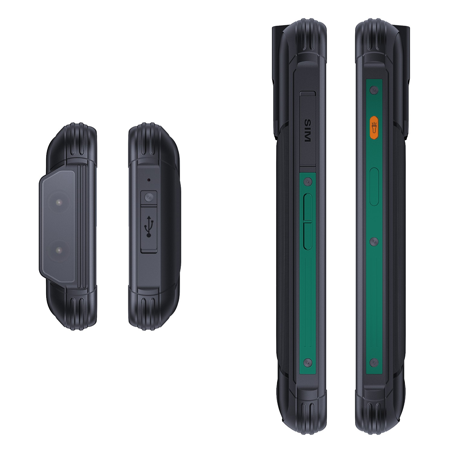 Wytrzymały czarny smartfon. Pokazuje boki z przyciskami, aparatem i portami. Widoczne są zielone akcenty.
