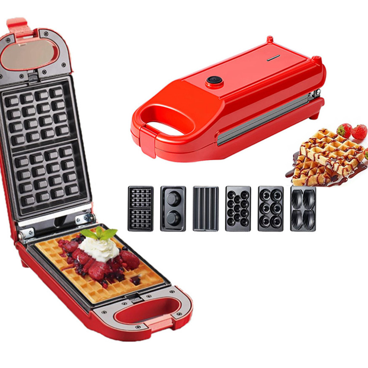 Roter Waffeleisen mit verschiedenen Platten und Waffeln mit Belag. Weißer Hintergrund.