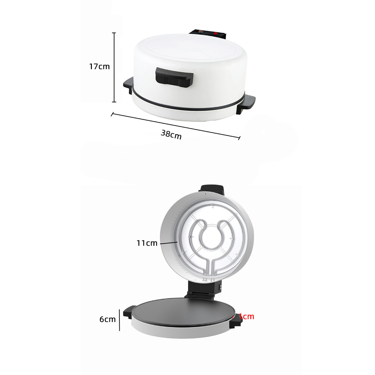 Zwei Ansichten eines weißen Tortilla-Machers mit Maßen und Heizelement.