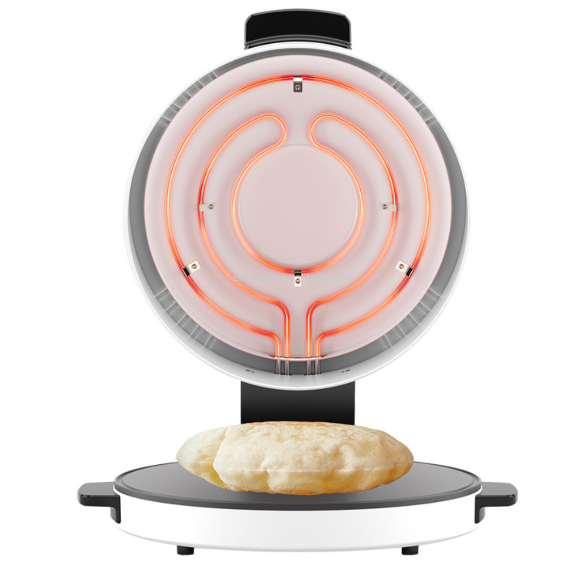 Pita-Brot-Maker mit offenem Deckel und Pita-Brot darin.
