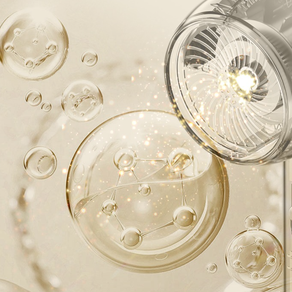 Blasen und ein Wassertropfen mit Lichtreflexion, Nahaufnahme. Hellbeiger Hintergrund mit Glitzereffekten.