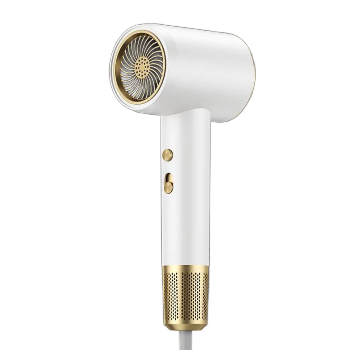 Ein weißer und goldener Haartrockner mit einem langen weißen Kabel. Er hat eine kreisförmige Düse.