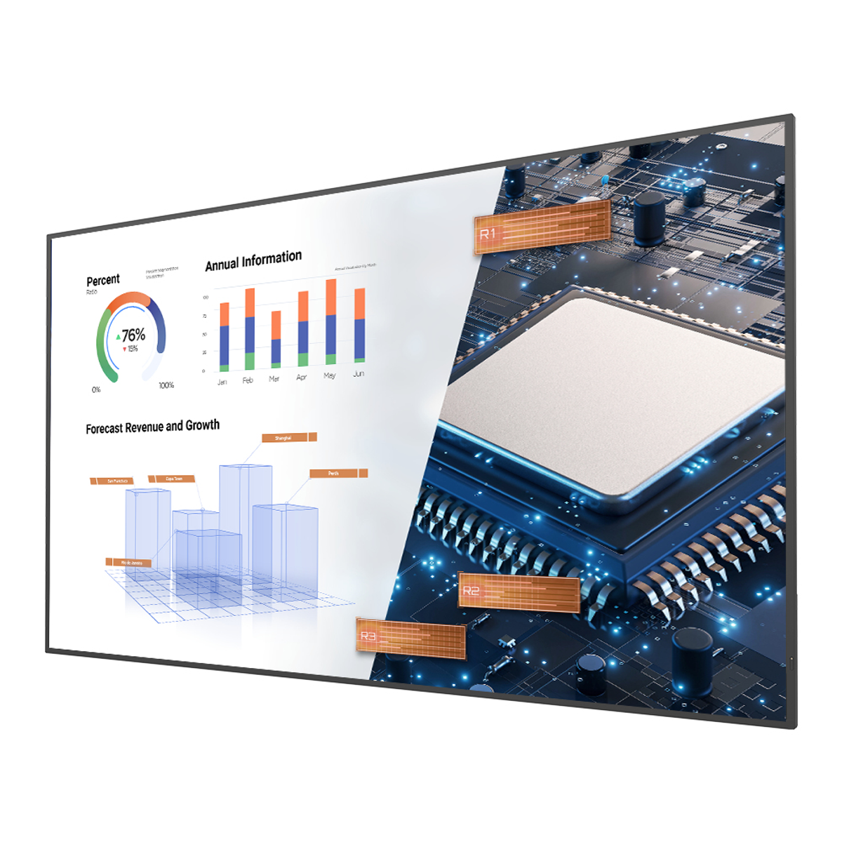 Schermo grande con grafici e un circuito stampato con indicatori arancioni.