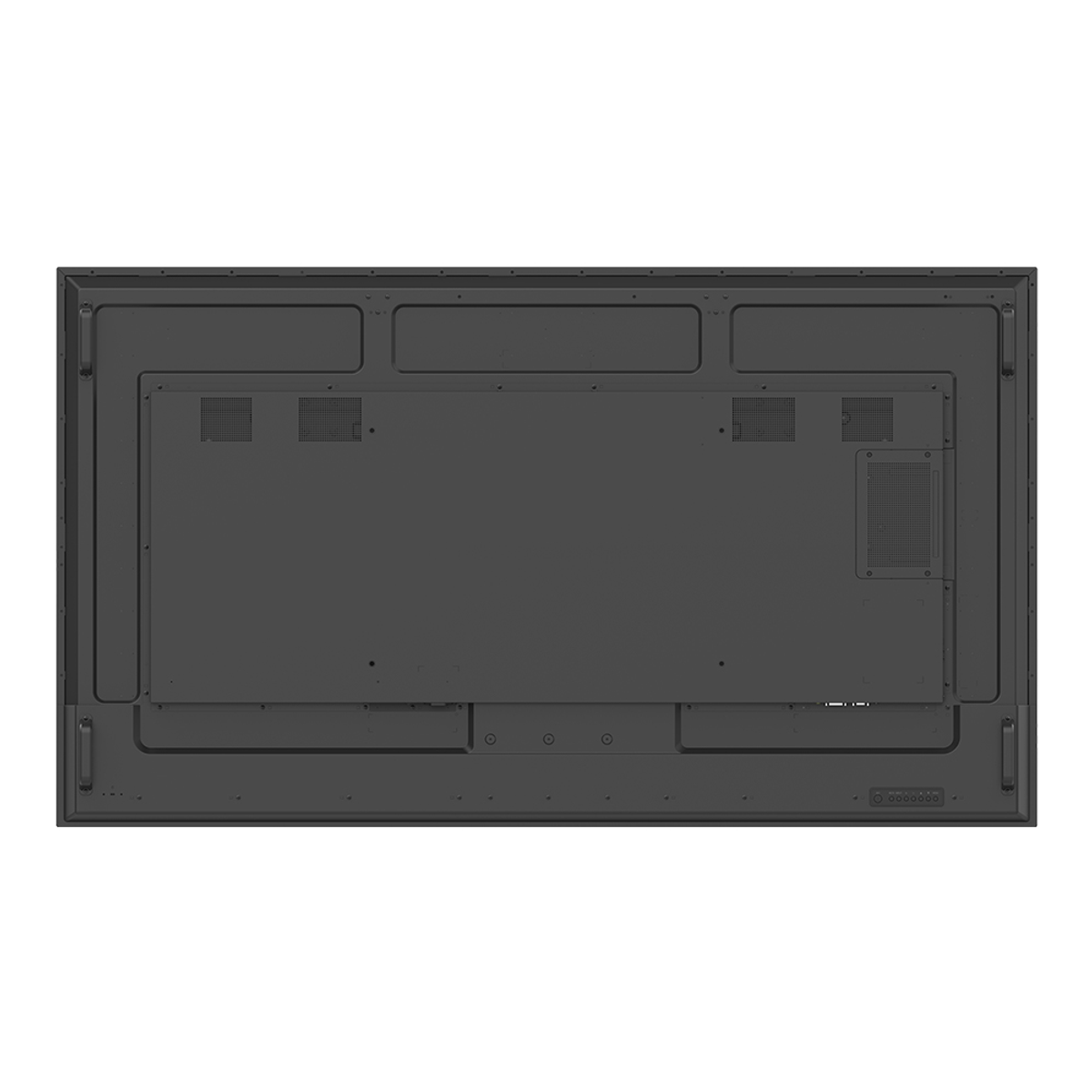 Retro di un monitor rettangolare nero con prese d'aria, porte e punti di montaggio.