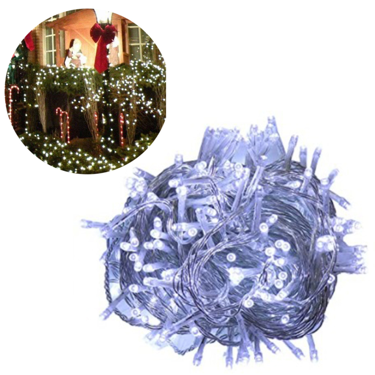 Weihnachtsbeleuchtung in einem Ball und an einem Haus. Zuckerstangen sind sichtbar.