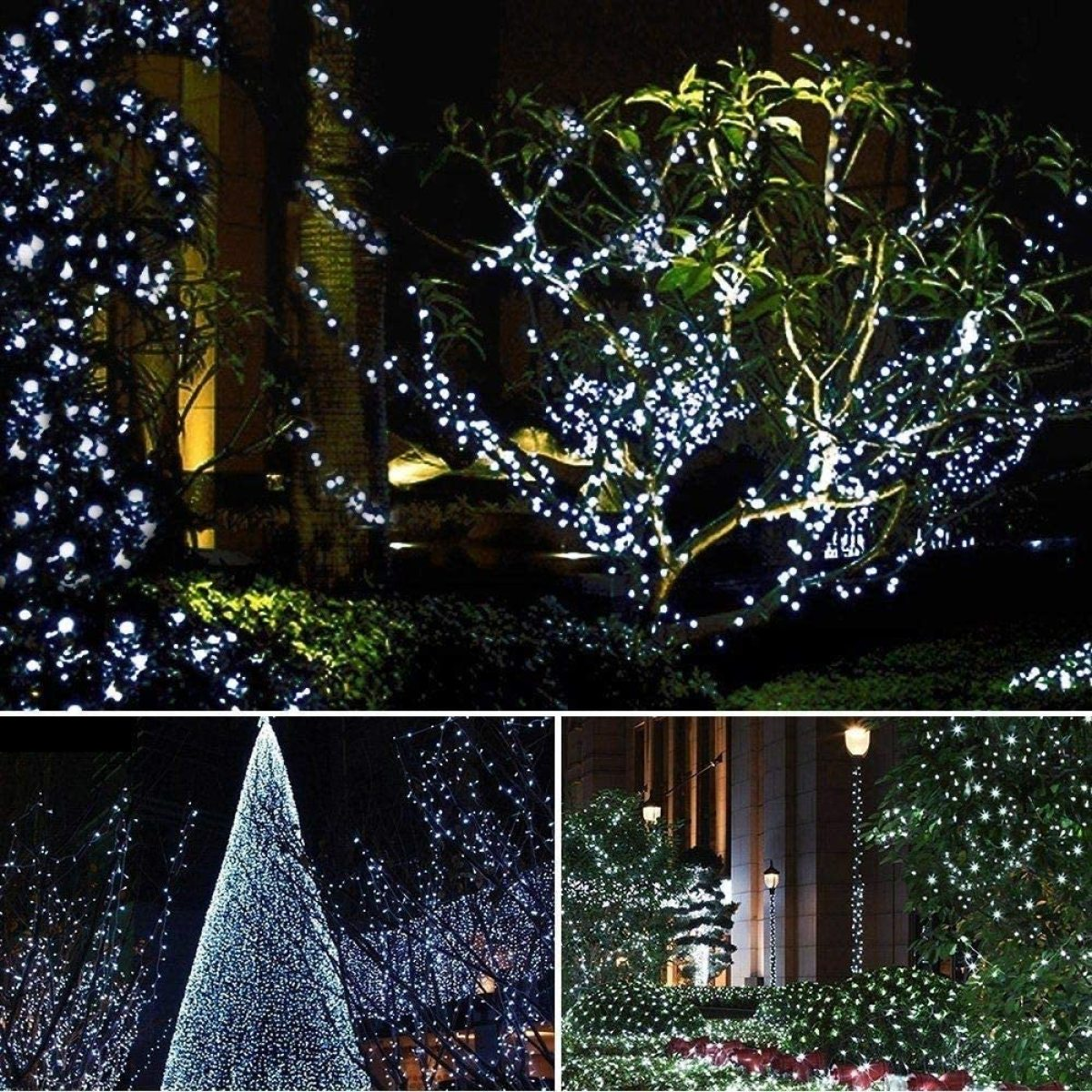 Weihnachtsbeleuchtung auf Büschen und Bäumen bei Nacht, verschiedene Ansichten.
