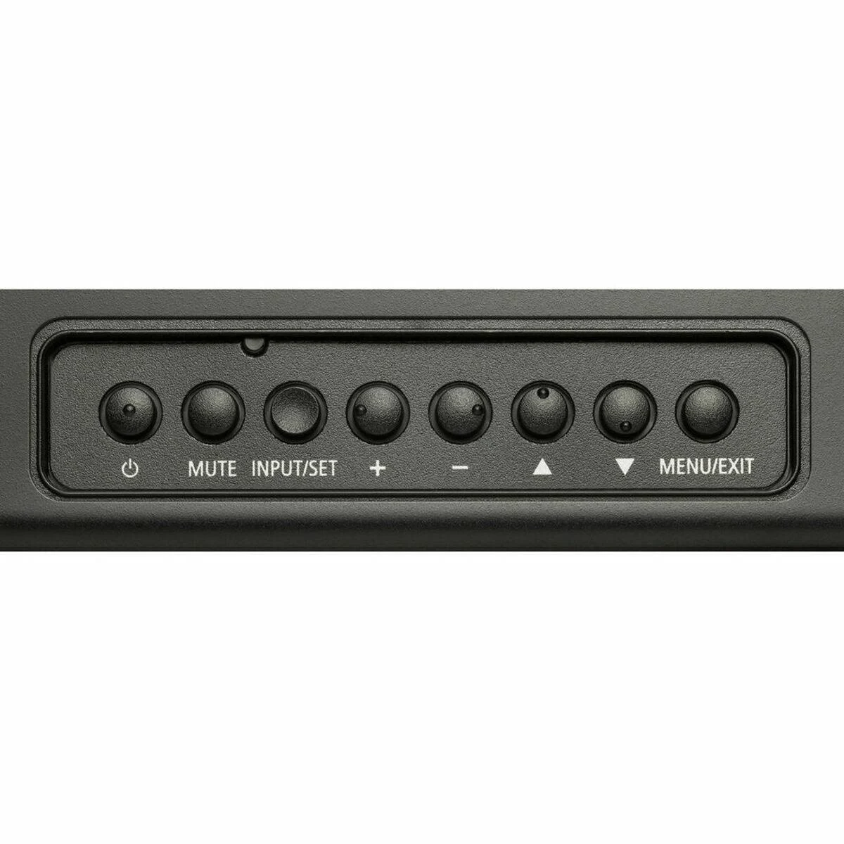 Primer plano de un panel de control negro con botones: encendido, silencio, entrada/ajuste y menú/salir.