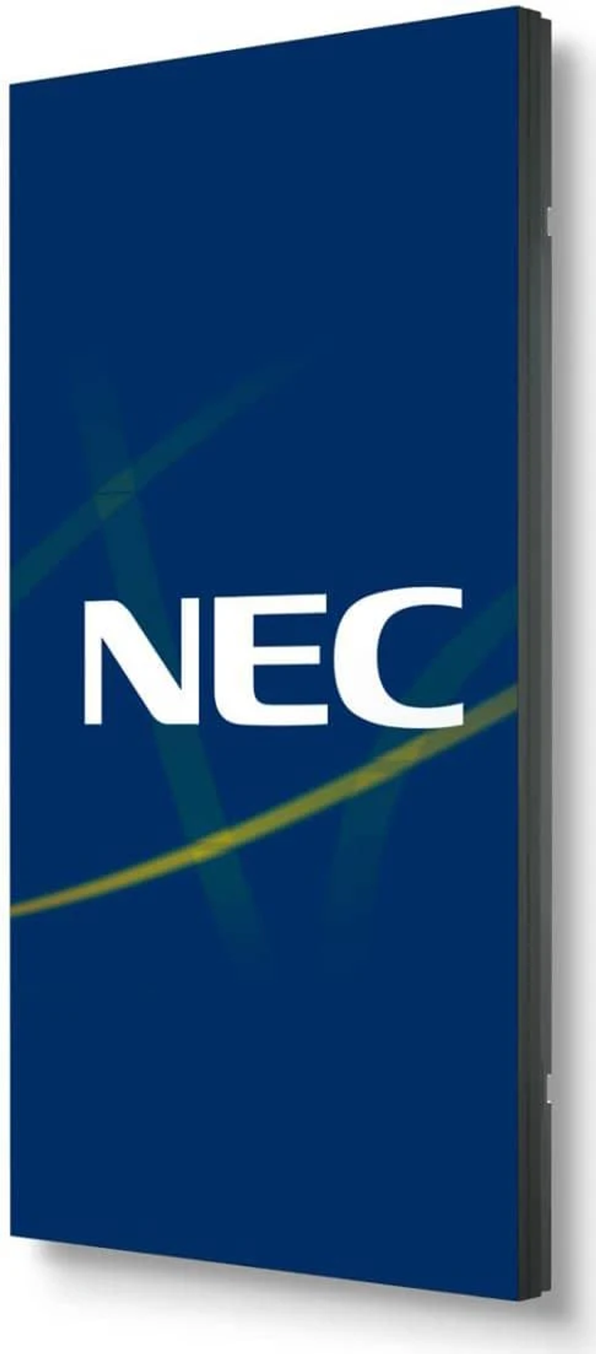 Uno schermo verticale NEC con il testo bianco NEC su sfondo blu. Lo sfondo svanisce.