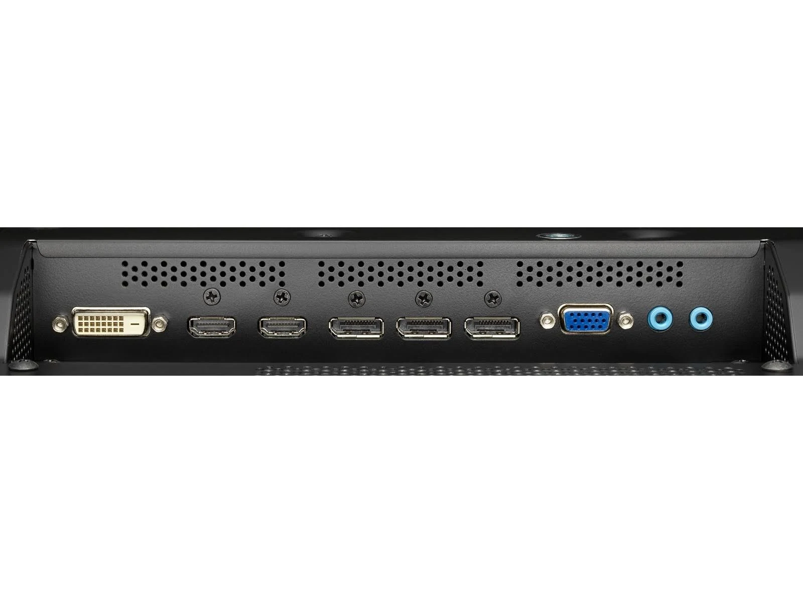 Pannello posteriore nero con varie porte, tra cui HDMI, DVI e jack audio.