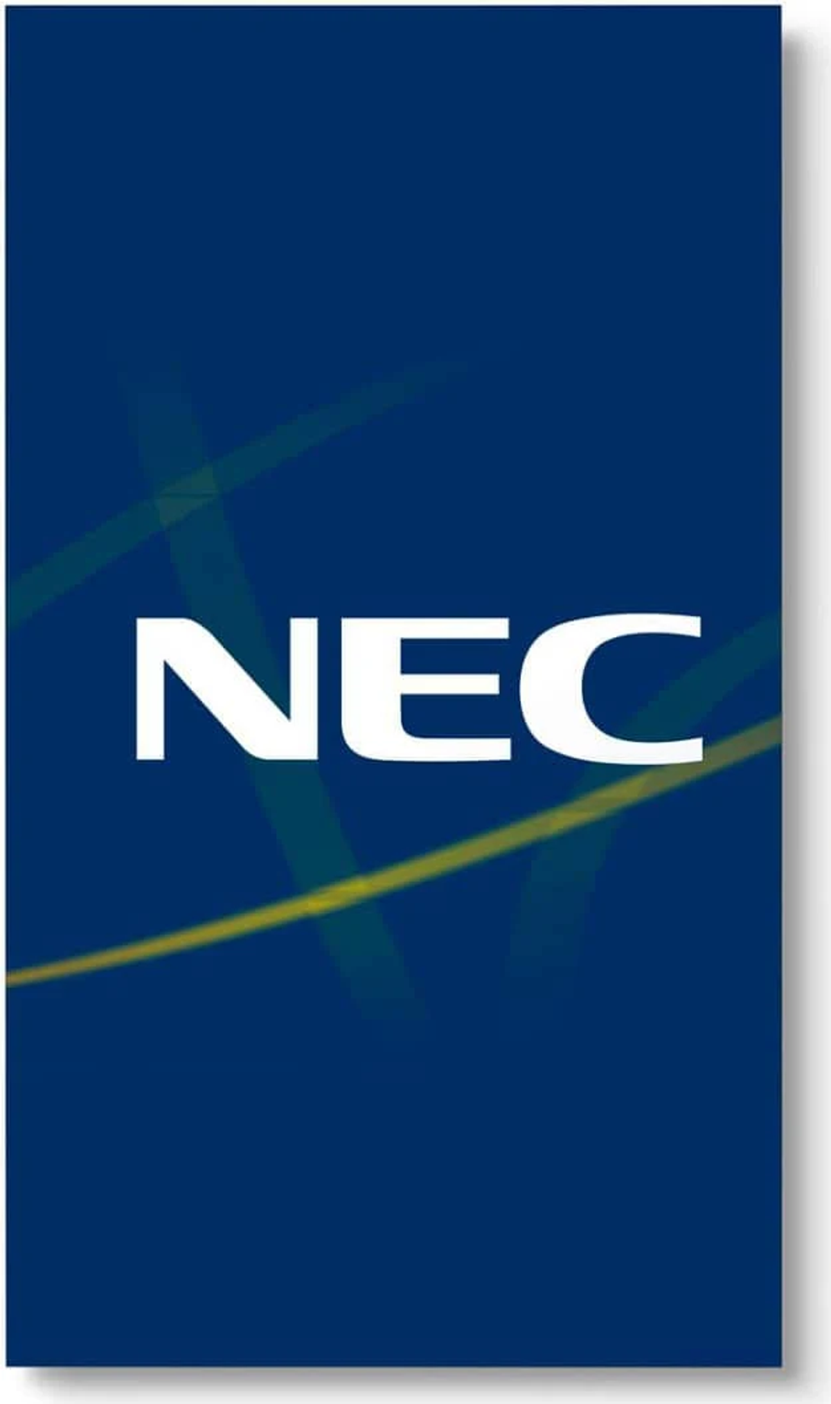 Un telefono con il logo NEC su sfondo blu con linee gialle.