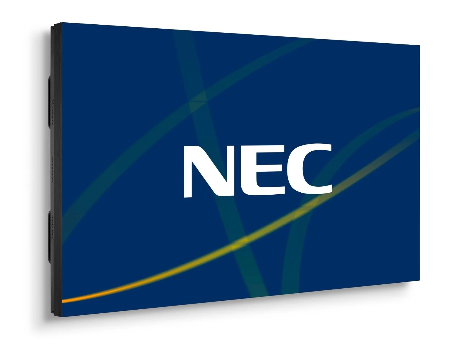 Grande schermo con la scritta 'NEC' in bianco su sfondo blu.