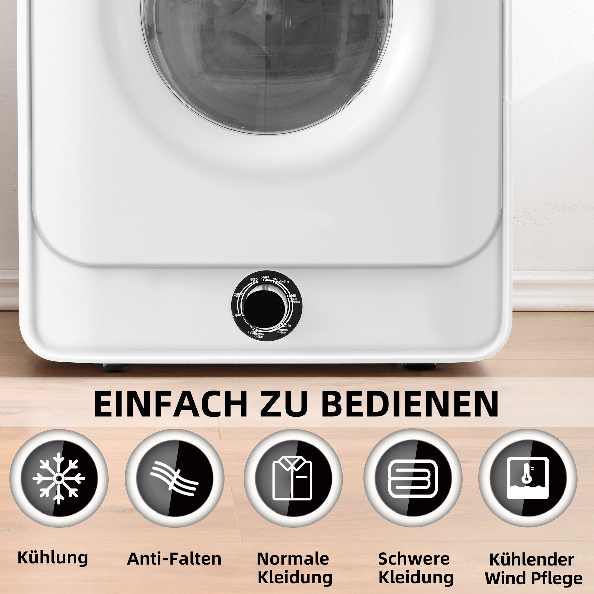 Weißes Gerät mit Bedienfeld und Symbolen für Kühlen, Anti-Knitter, Kleidungsarten und Wind.