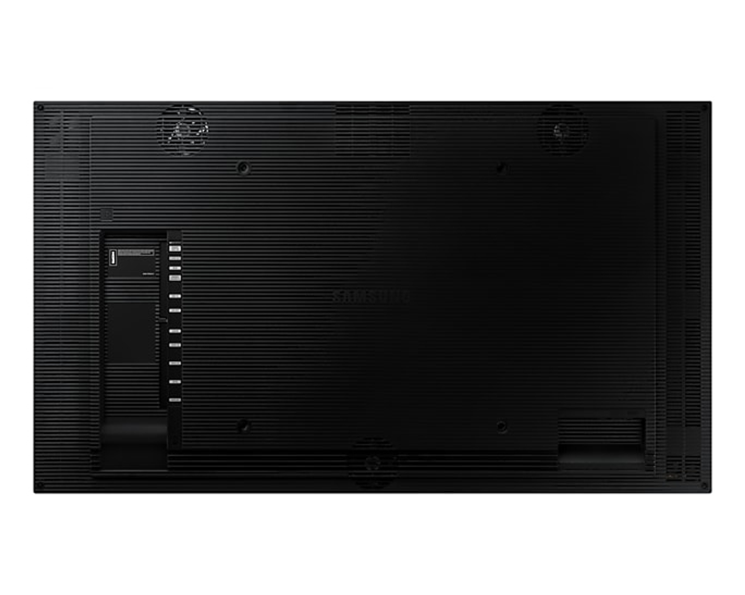 Retro di un monitor Samsung nero con ventole e porte.