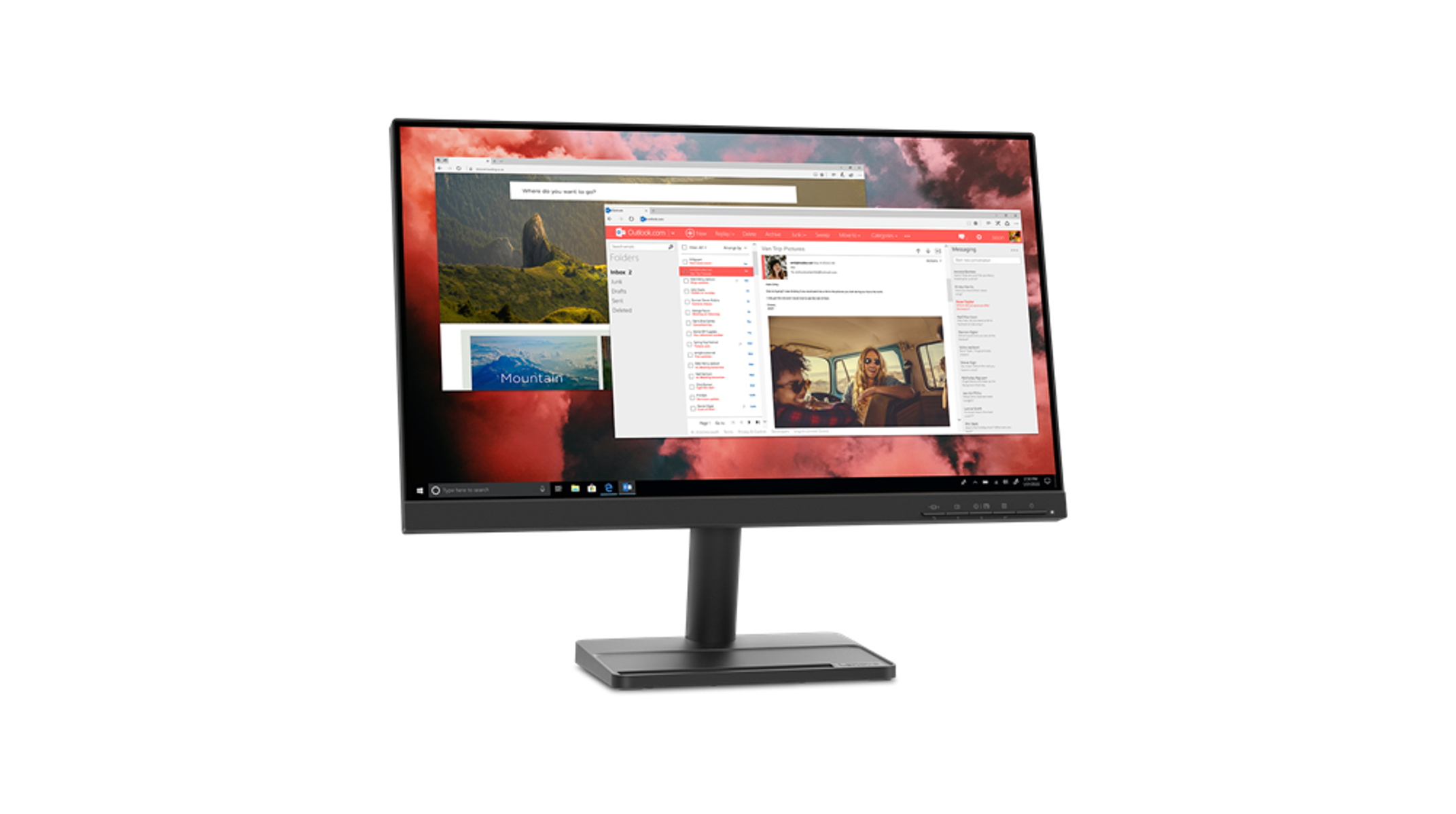 Monitor Lenovo z czarną podstawą, wyświetlający wiele okien na jasnym tle.