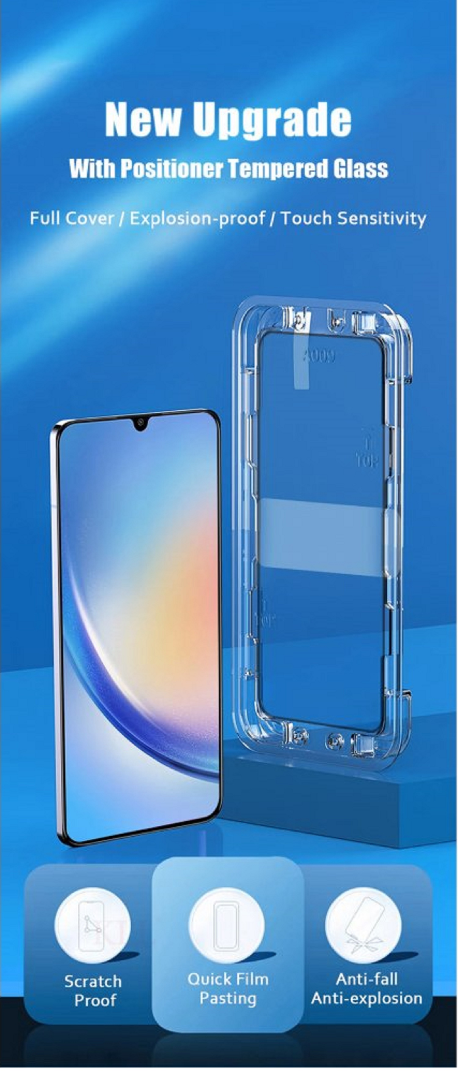 Handy-Displayschutzfolie mit Handy und Ausrichtrahmen auf blauem Hintergrund. Eigenschaften: kratzfest, schnelle Folienaufbringung, Anti-Fall.