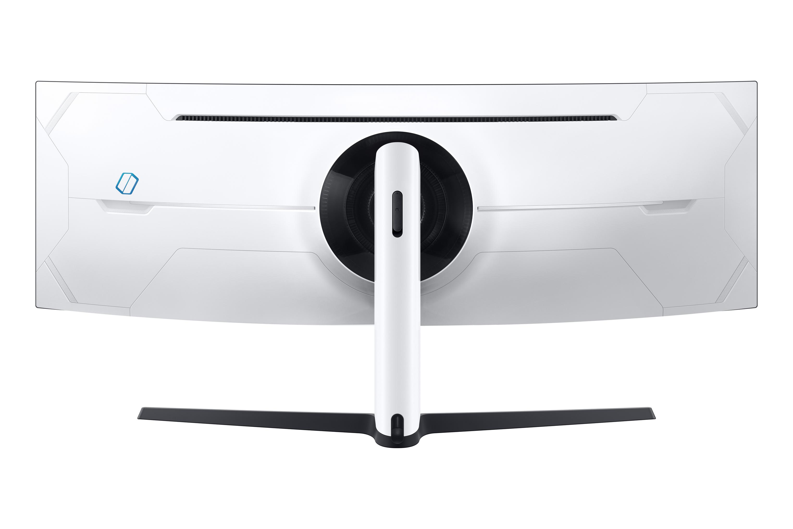 Monitor curvo bianco con supporto. Parte posteriore del monitor visibile.