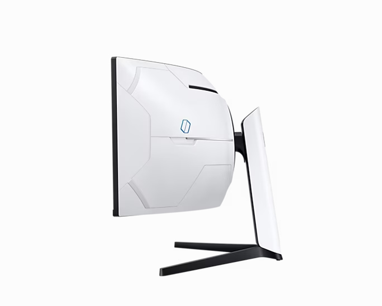 Vista laterale di un monitor da gaming curvo bianco su sfondo bianco, con supporto nero.