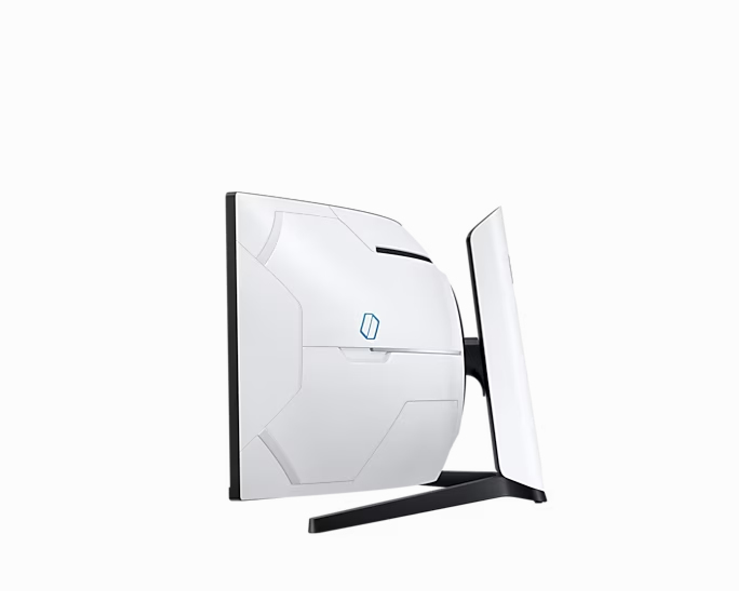 Vista laterale di un monitor bianco e nero con supporto, isolato su bianco.