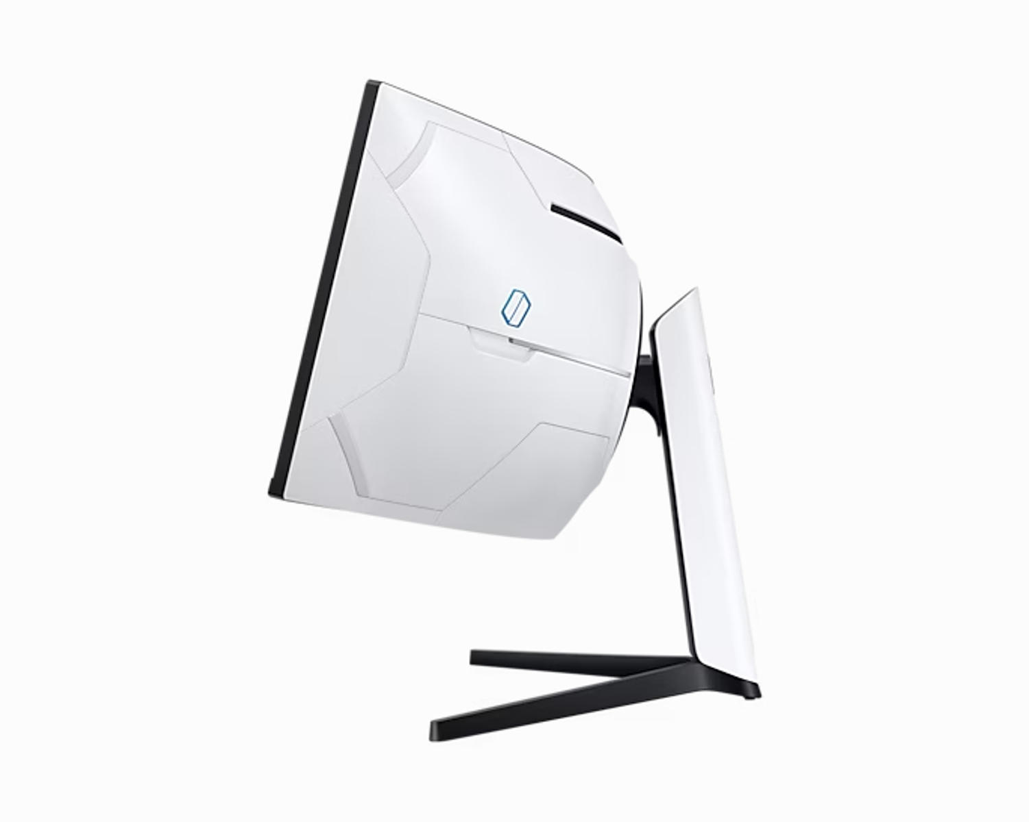 Un monitor per computer bianco da un'angolazione laterale, con supporto nero e sfondo bianco.