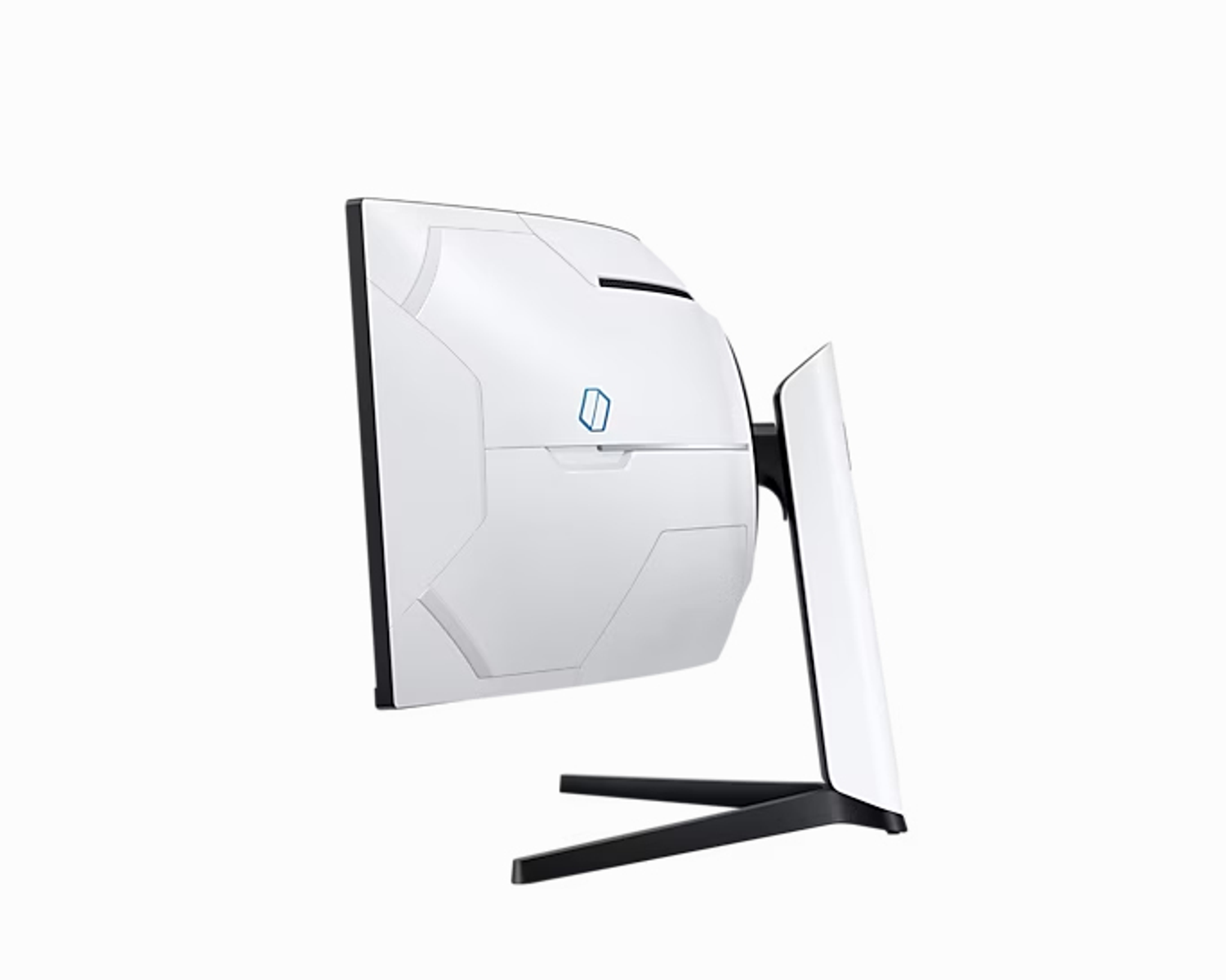 La parte posteriore di un monitor bianco è mostrata da un'angolazione laterale. Design e supporto unici.