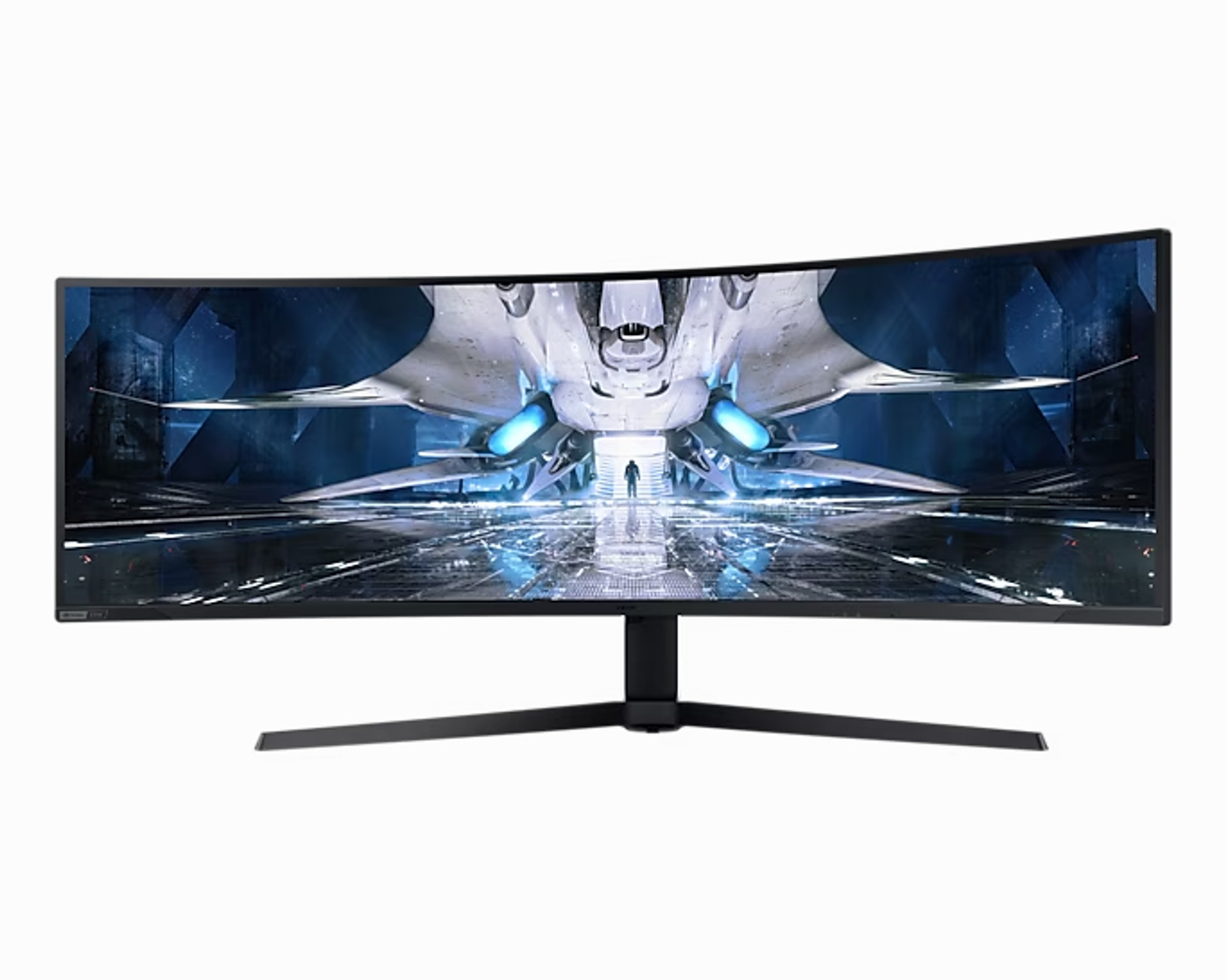 Un monitor curvo da gioco che mostra un'astronave, su sfondo futuristico.