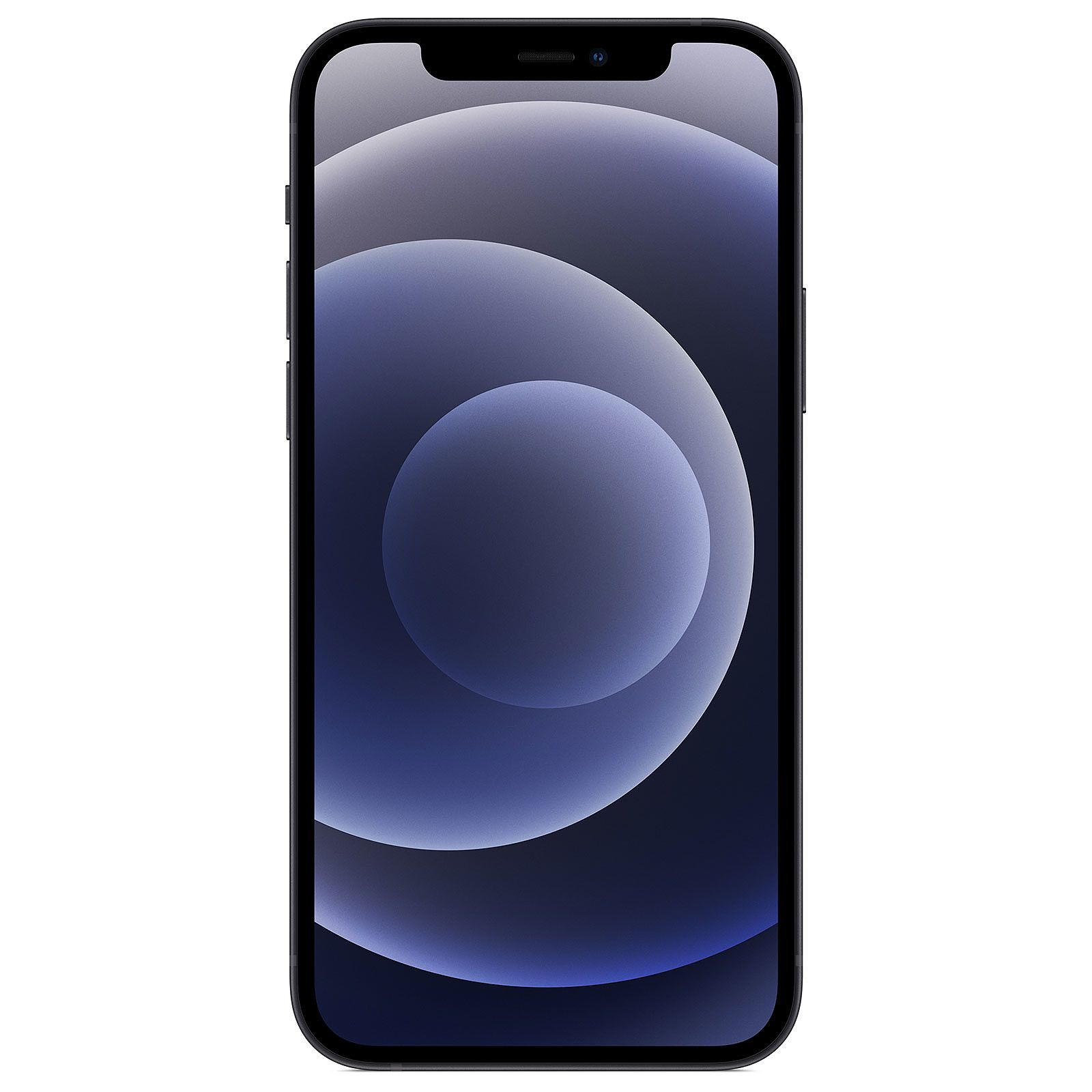 Schwarzes iPhone 12 von vorne. Der Bildschirm zeigt ein blaues und graues Gradientendesign.