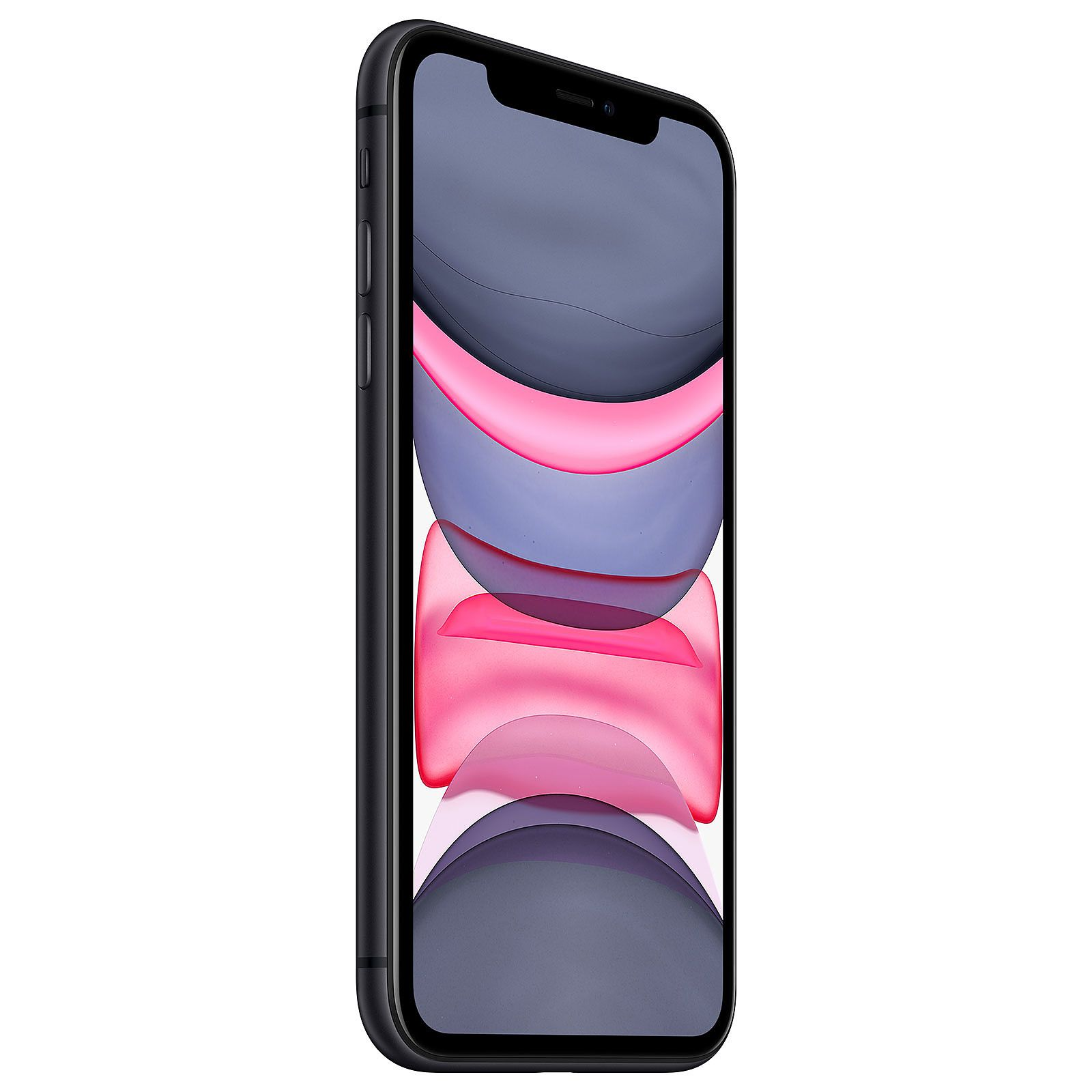 Schwarzes iPhone, das einen Sperrbildschirm mit buntem Hintergrundbild zeigt. Von der Seite gesehen.