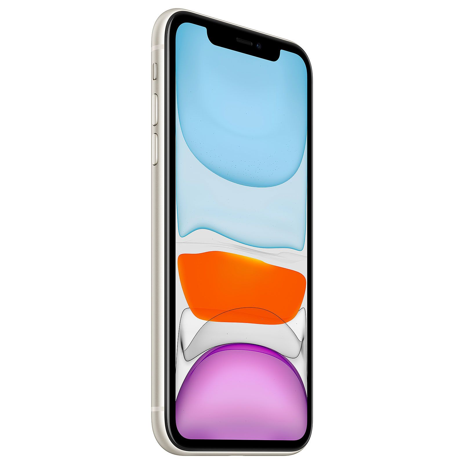iPhone bianco con schermo blu e arancione. Il telefono è inclinato verso destra.