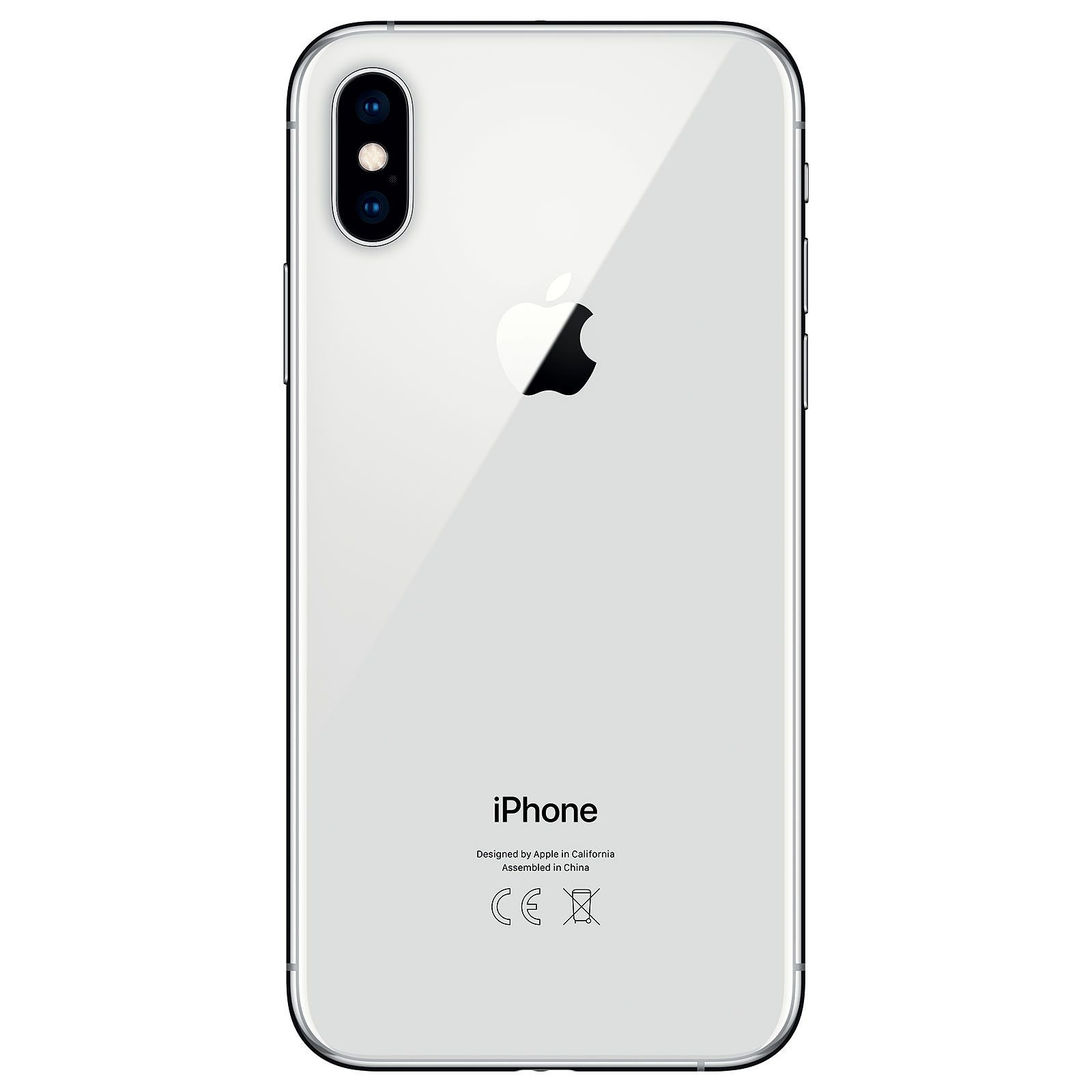 Biały tył iPhone X. Widoczne logo Apple, podwójny aparat i tekst iPhone.