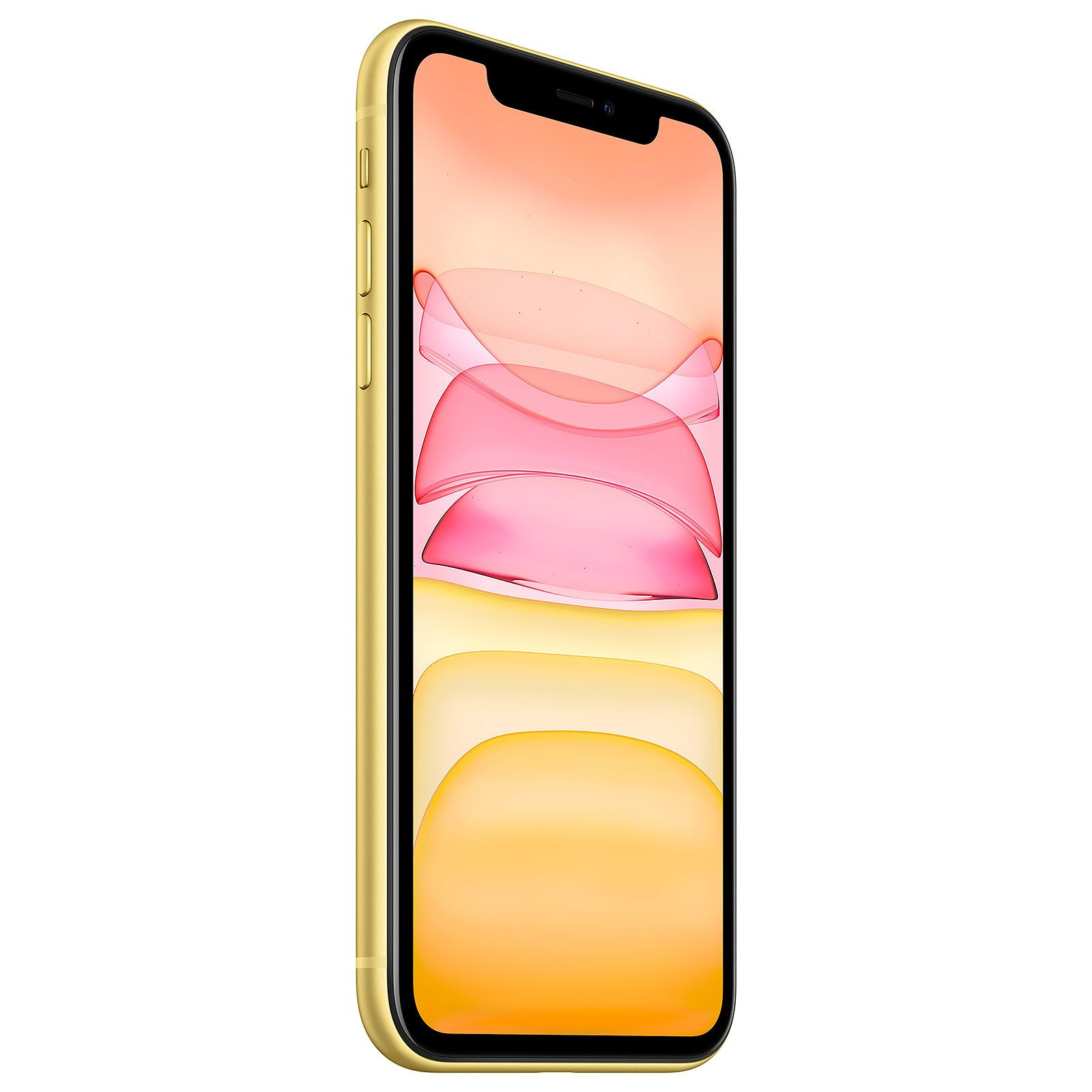 iPhone 11 giallo di profilo, che mostra lo schermo. Lo schermo visualizza una sfumatura colorata.