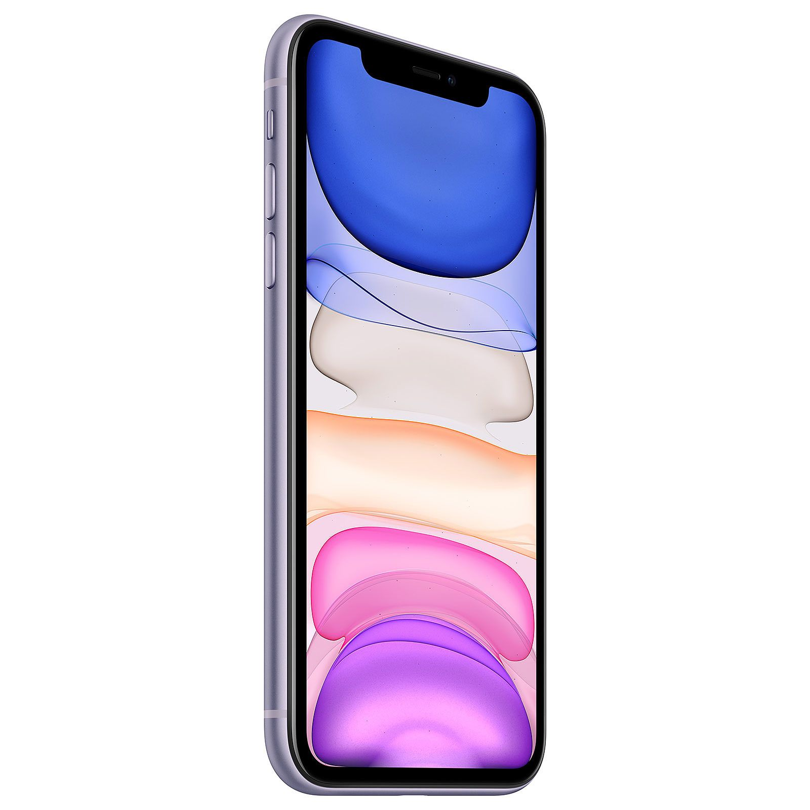 Uno smartphone viola con uno schermo vibrante che mostra una sfumatura blu e viola. Il telefono è angolato.