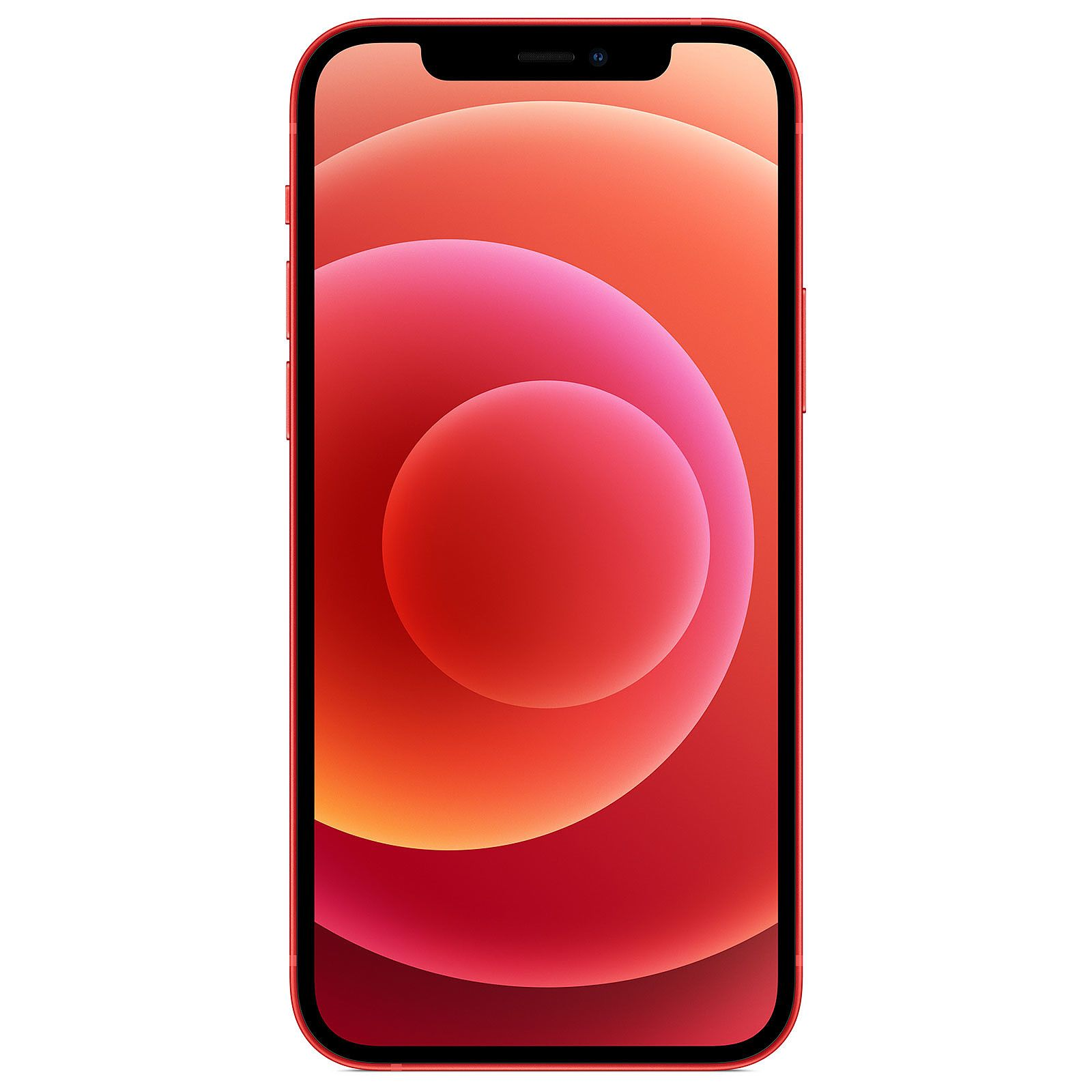 Rotes iPhone mit rundem Display auf weißem Hintergrund.