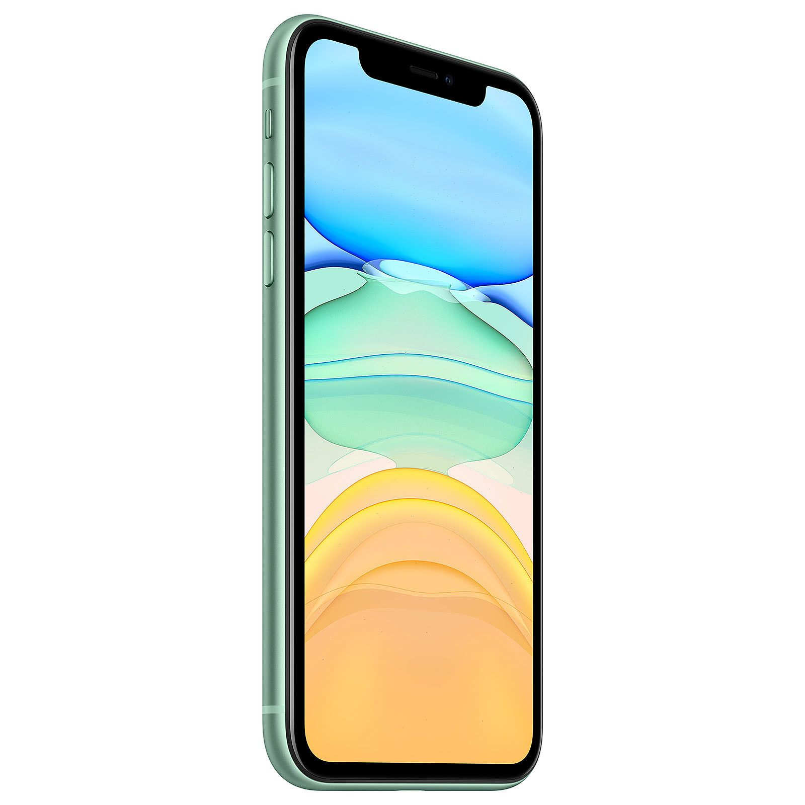 iPhone verde con un display che mostra un cielo blu e un paesaggio giallo su sfondo bianco.
