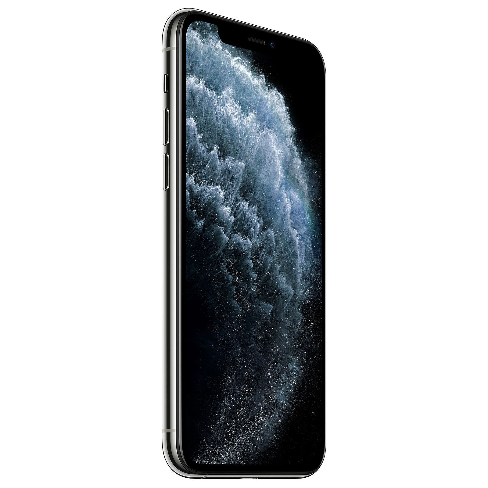 Un iPhone argento con schermo scuro mostra un'immagine nuvolosa. Il telefono è angolato.