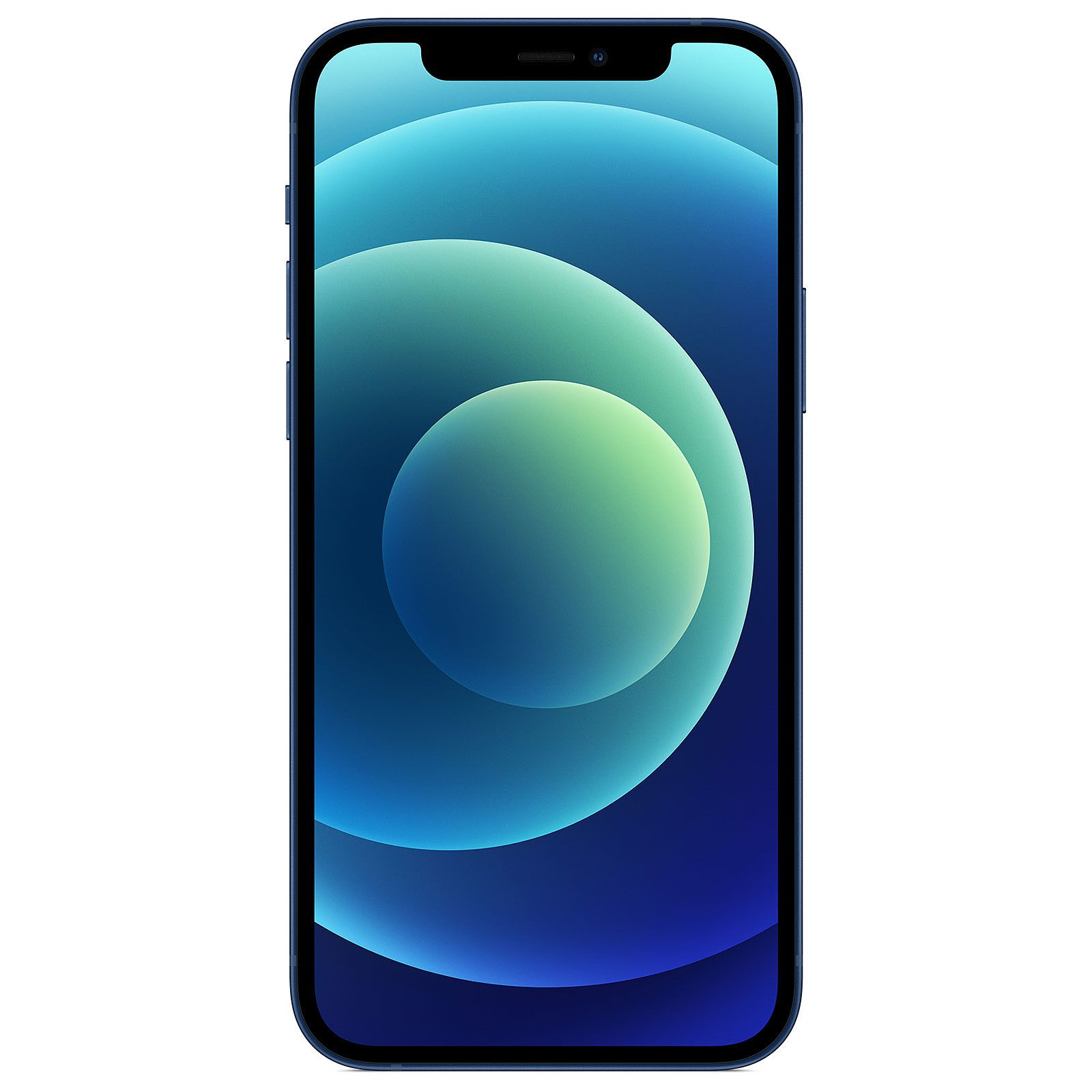 Un iPhone blu con schermo acceso, che mostra una sfumatura blu, isolato su bianco.