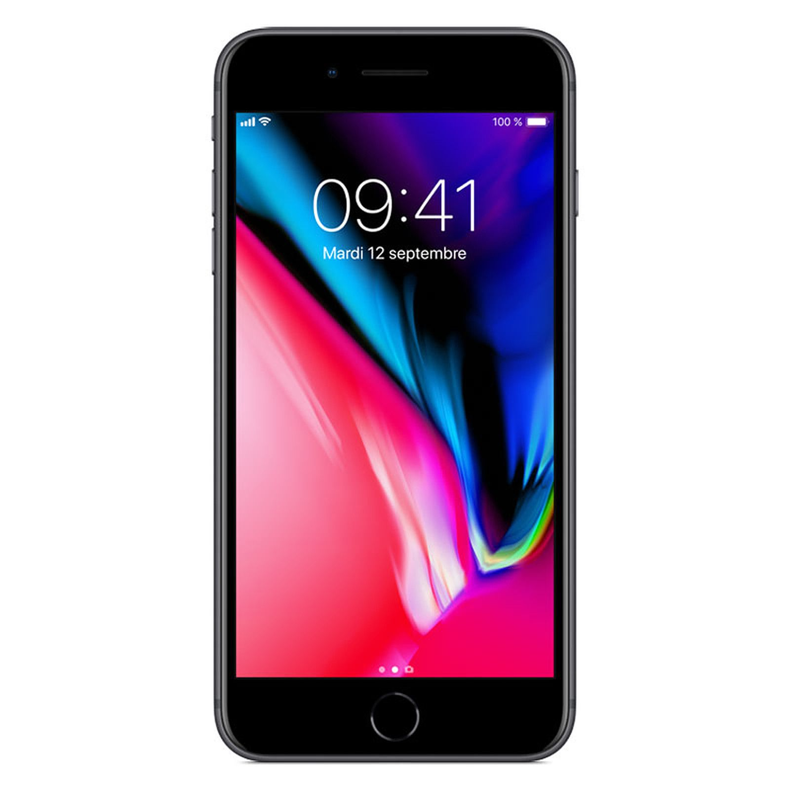 Czarny iPhone 8 z pełnym ekranem wyświetlającym godzinę i datę. Telefon znajduje się na białym tle.